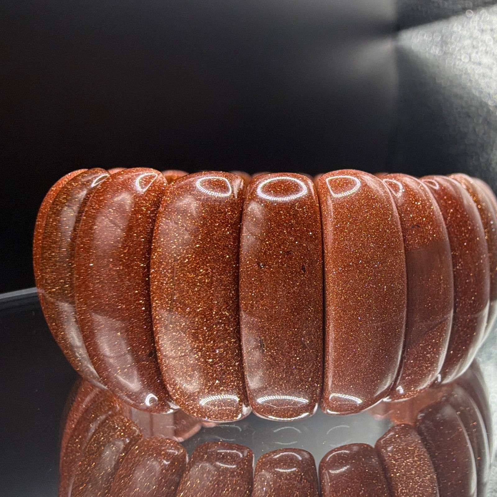 Brown Goldstone Stone Stretch Beaded Bracelet, Rectangle Brown Main Stone