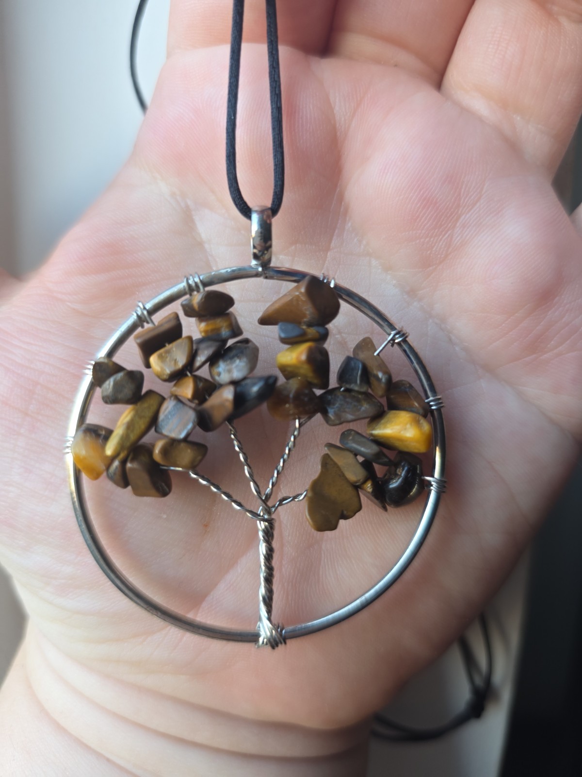 Tiger Eye Tree of Life Crystal Pendant Necklace Adjustable Cord Handmade