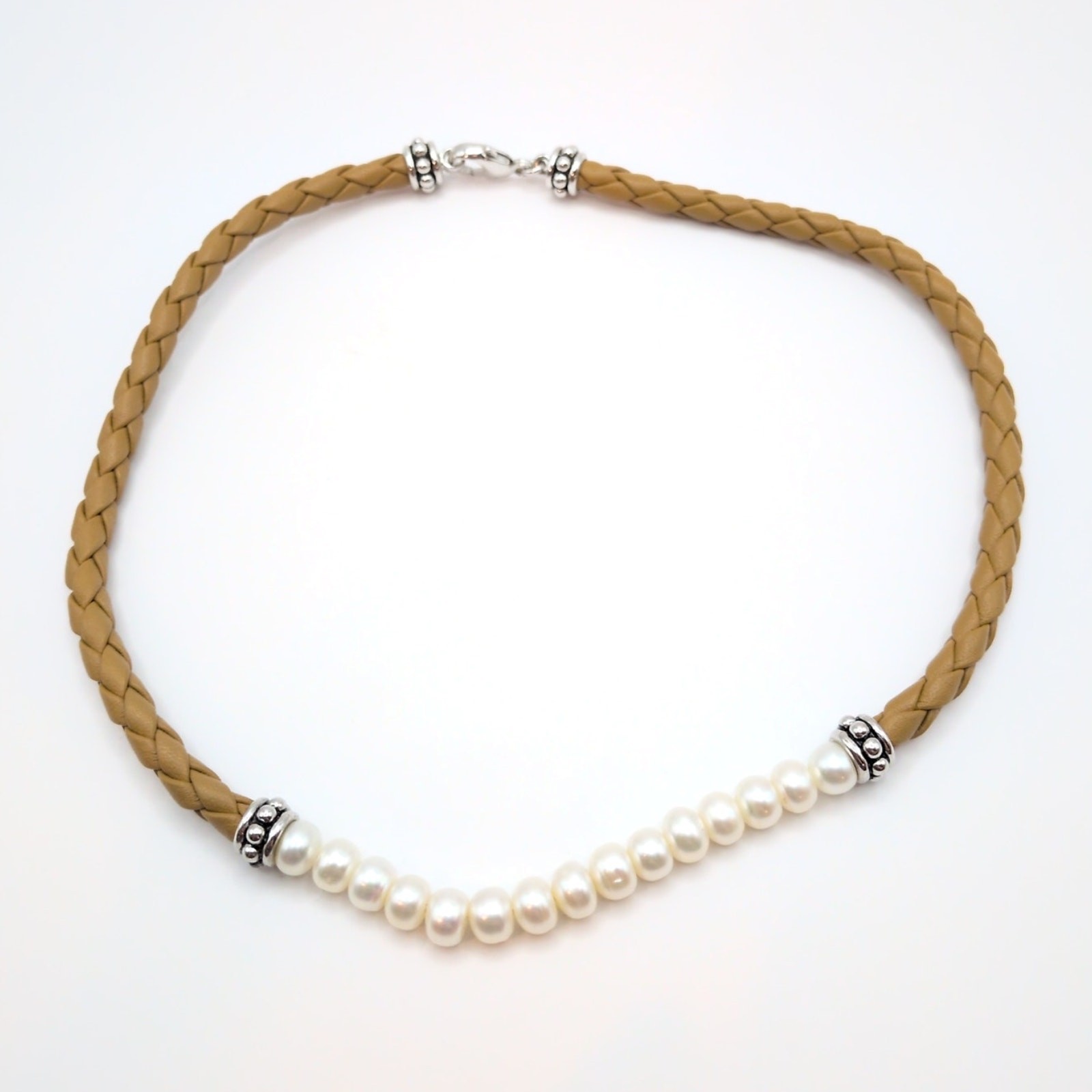 Honora Sterling Silver 925 Freshwater Pearl Braided Tan Leather Necklace 17.5in
