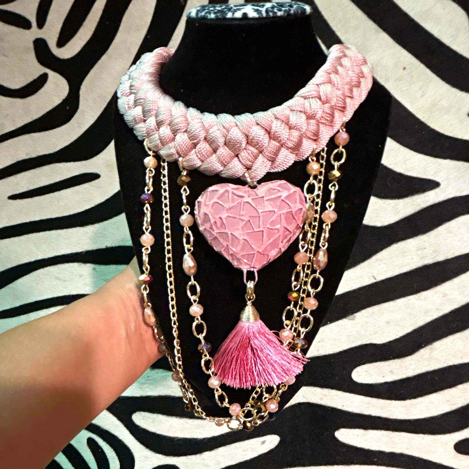 Pink Gold Statement Multi-Strand Necklace Heart Pendant Tassel Cable Chain