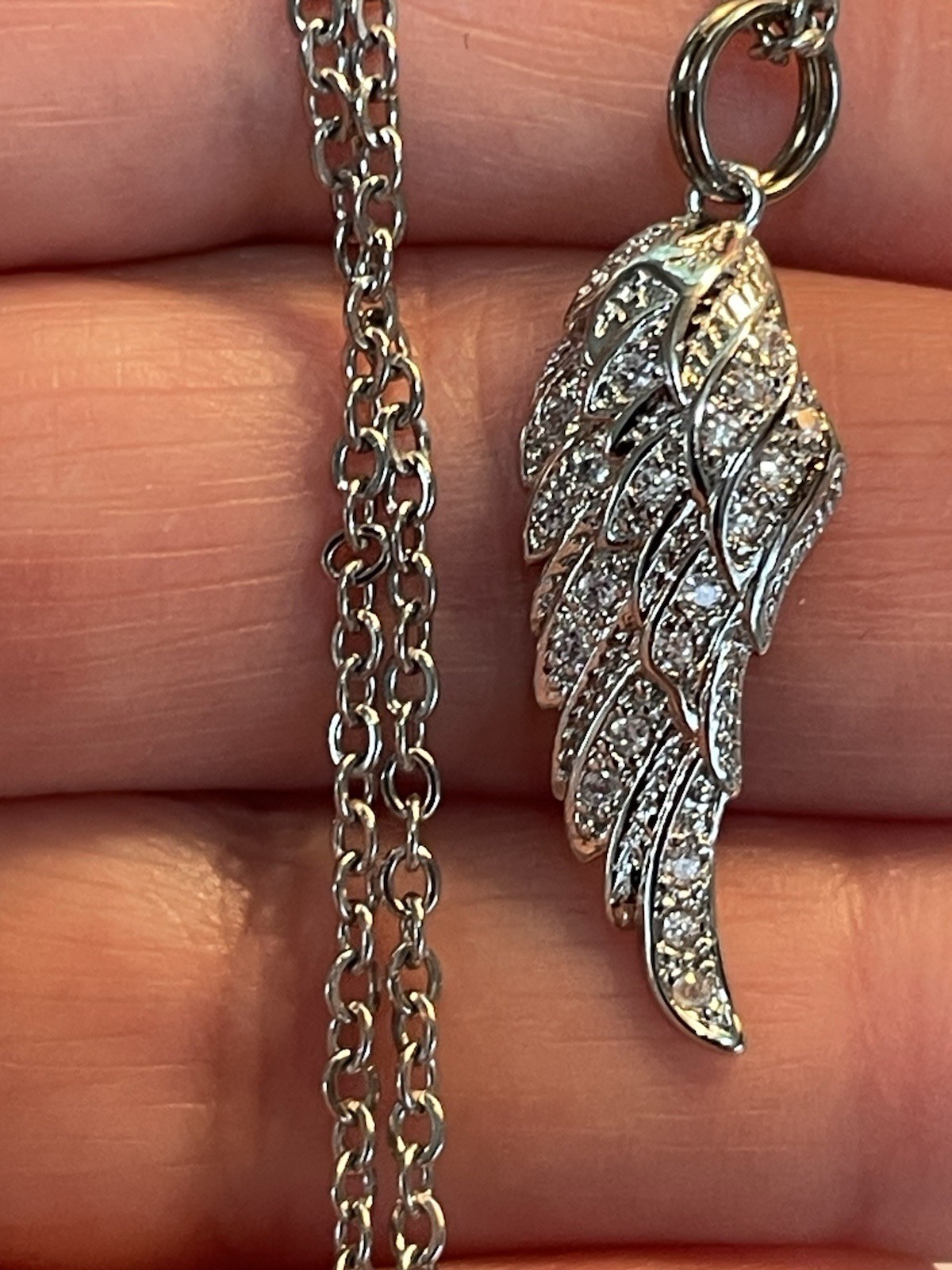 Angel Wings Necklace Earring Set 18” Stainless Silver Stones Statement NEW