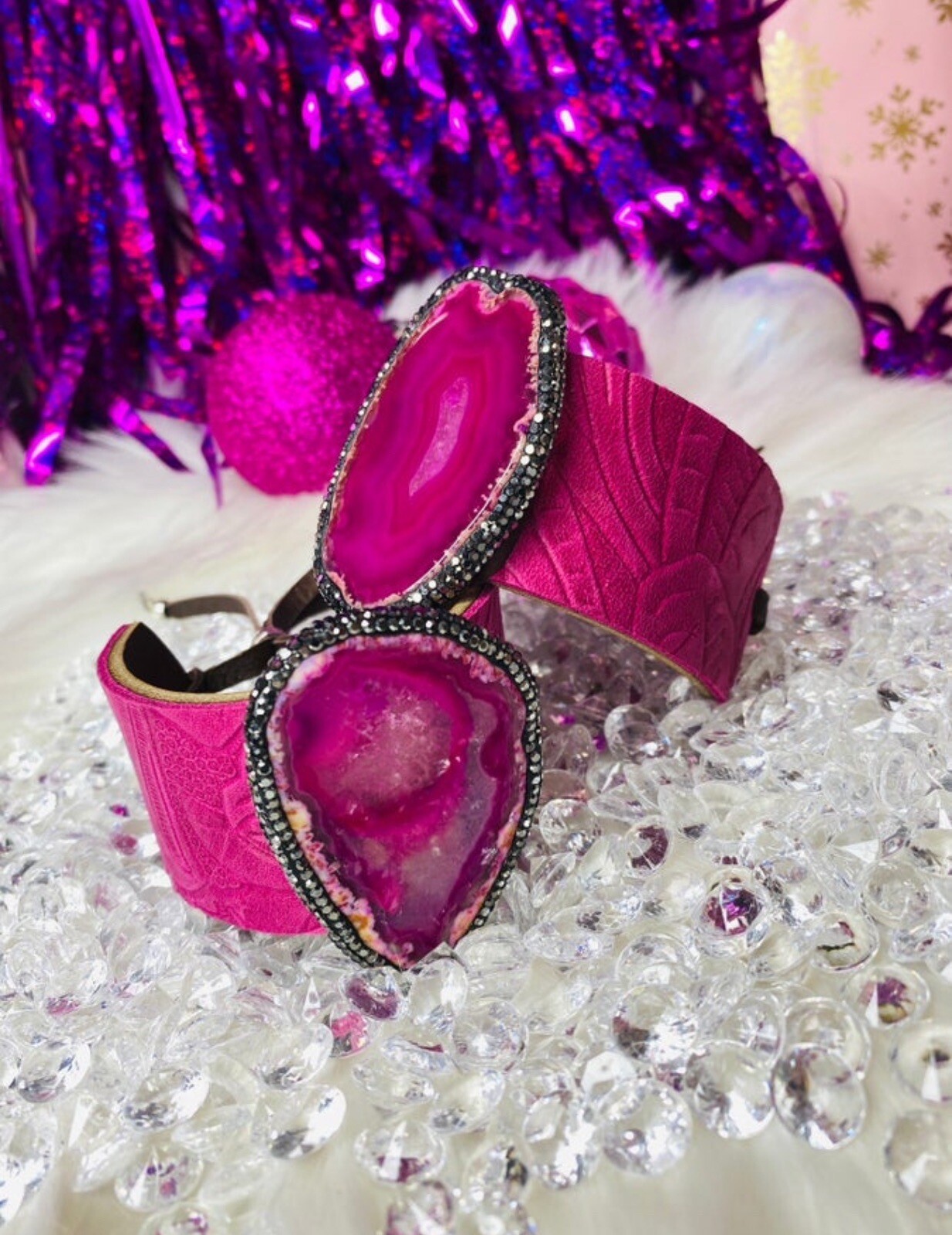 Sandra Ling Pink Leather Tooled Bracelet Cuff