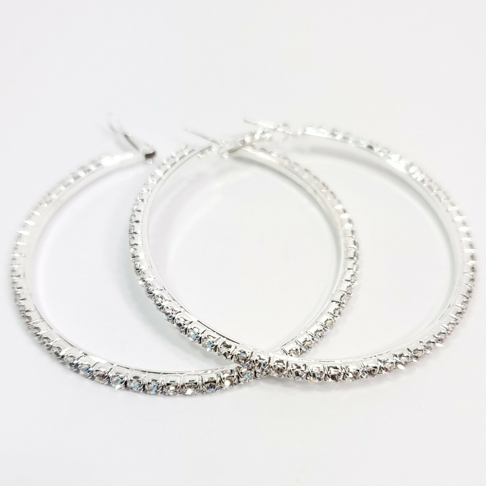E0300 Bling Silver Tone Base Clear Rhinestones Circle Round 2.5″ Hoop Earrings