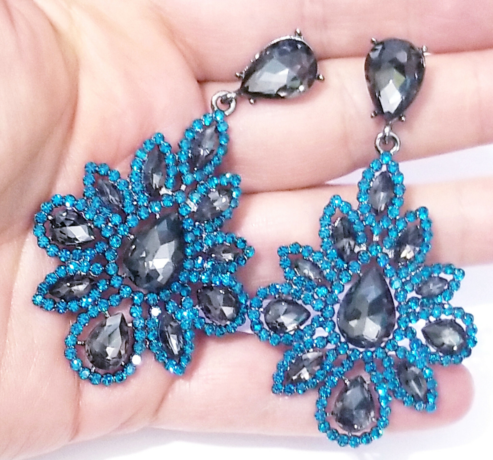 Teal Gray Rhinestone Chandelier Earrings Bridal Prom 2.8 inch