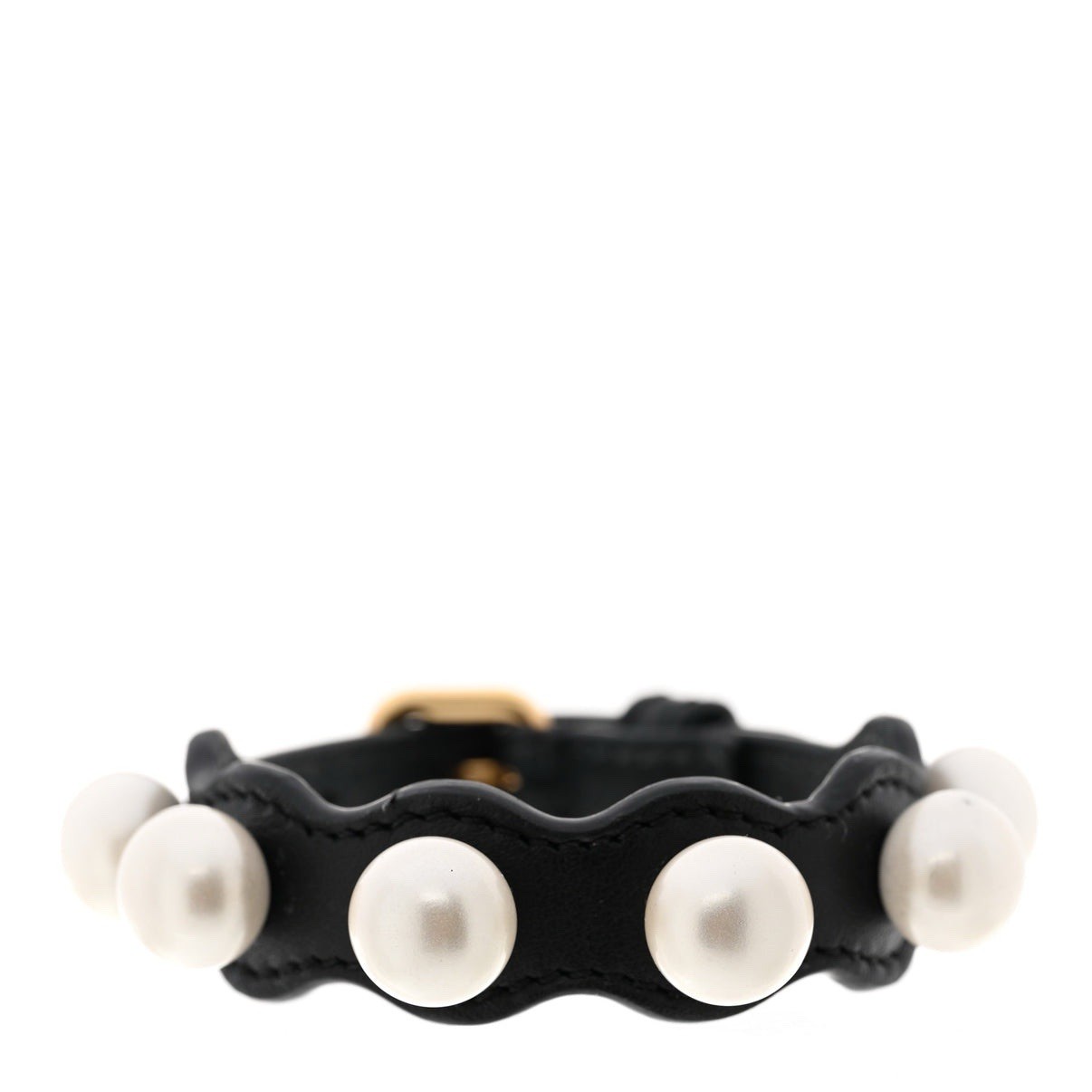 Auth FENDI Ribbons & Pearls Calfskin Leather Bangle Bracelet Gold Hardware Italy