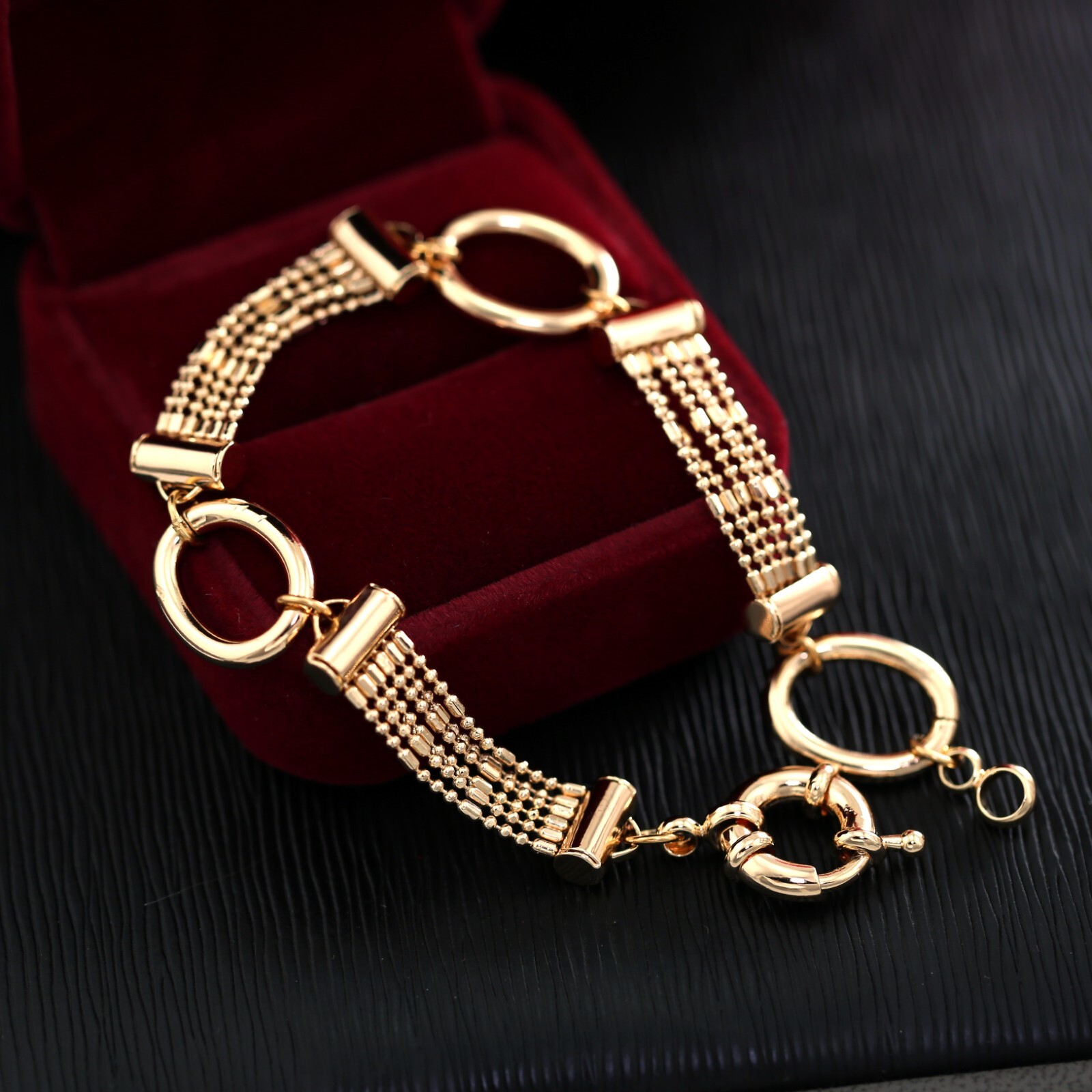 18K ROSE GOLD FILLED MULTI BEADED O LINKS CHAIN BOLT RING BANGLE BRACELET 18.5CM