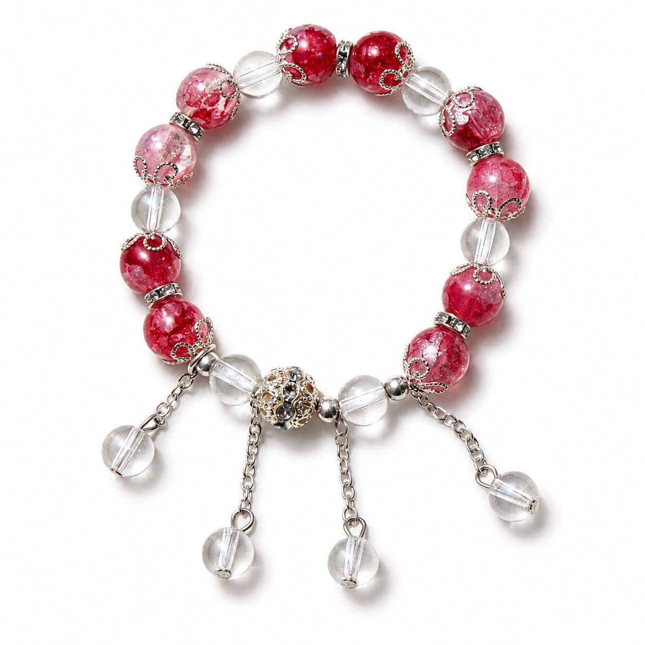 Pink Red Glass Bead Stretch Bracelet Clear Tassel Chain Charm Gift