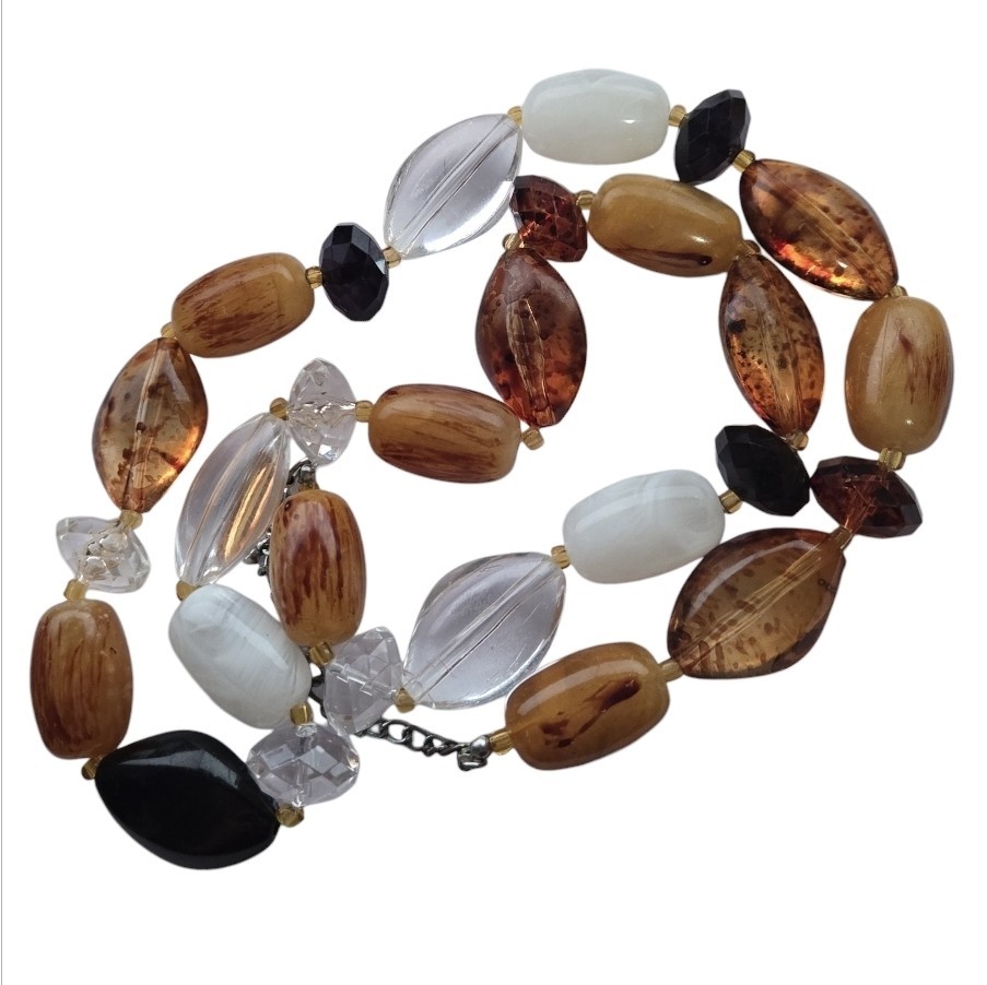 Chunky Mixed Bead Statement Necklace Brown Black Clear Acrylic Boho Long EUC