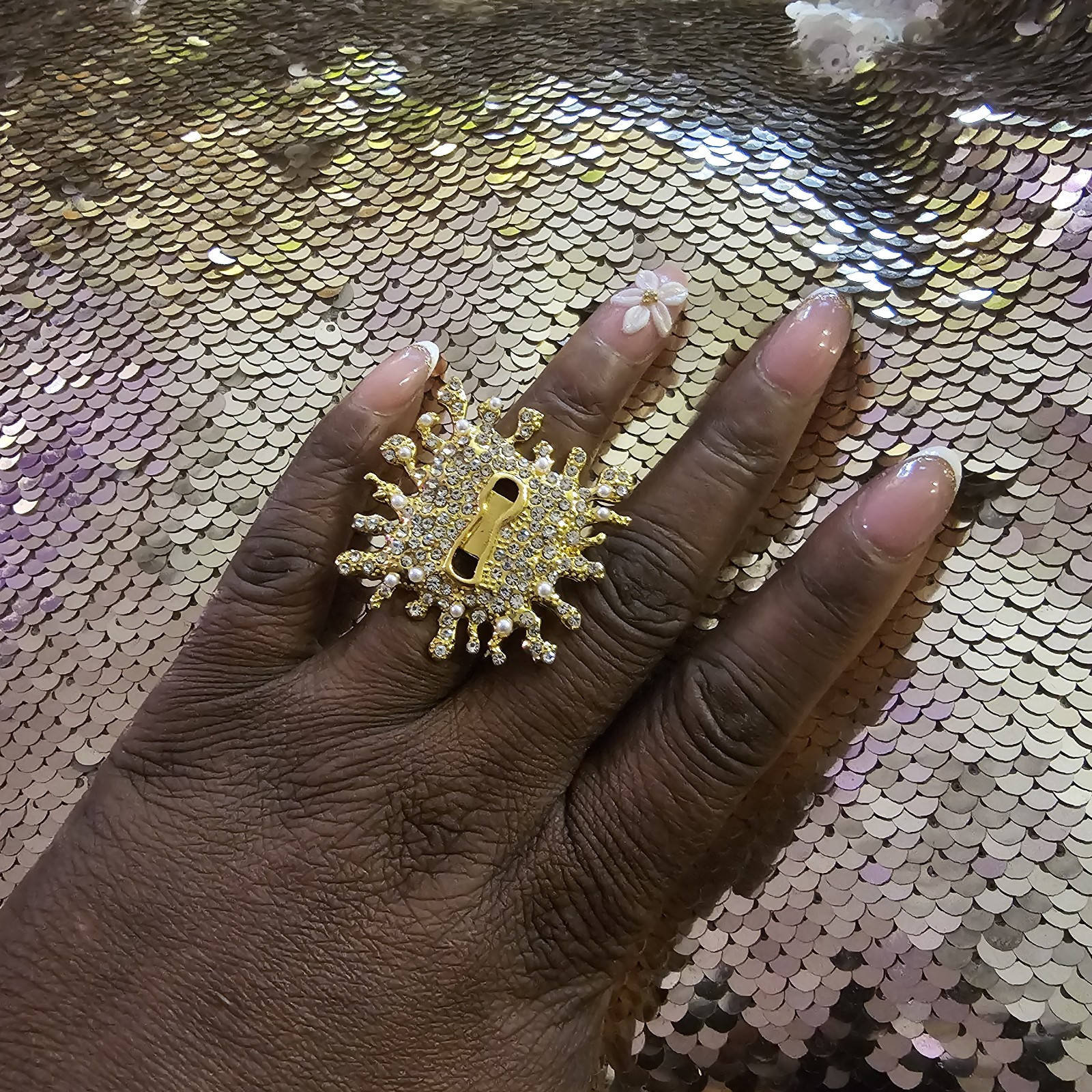 Schiaparelli Inspired Pave Keyhole Gold Plated Ring 1. 5 In