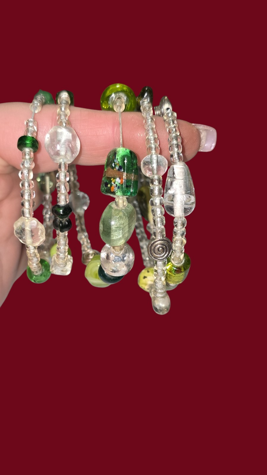 2 Memory Wire Green & Multi Color Peacock Beads Layered Bracelet Fits All Wrists