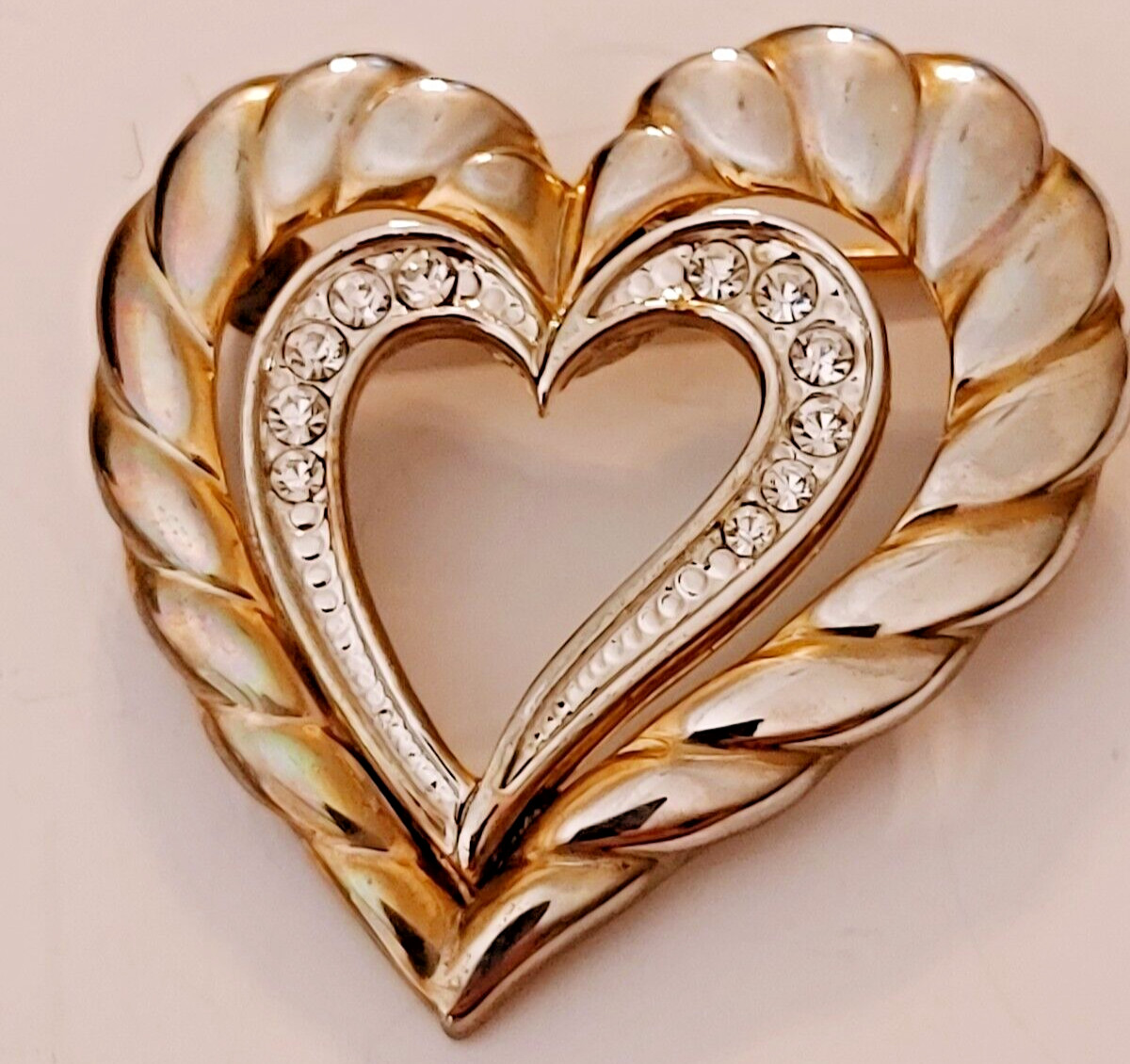 Goldtone Heart Brooch Pin with Inner Rhinestone Heart Approx 1.5″ x 1.5″ #22332