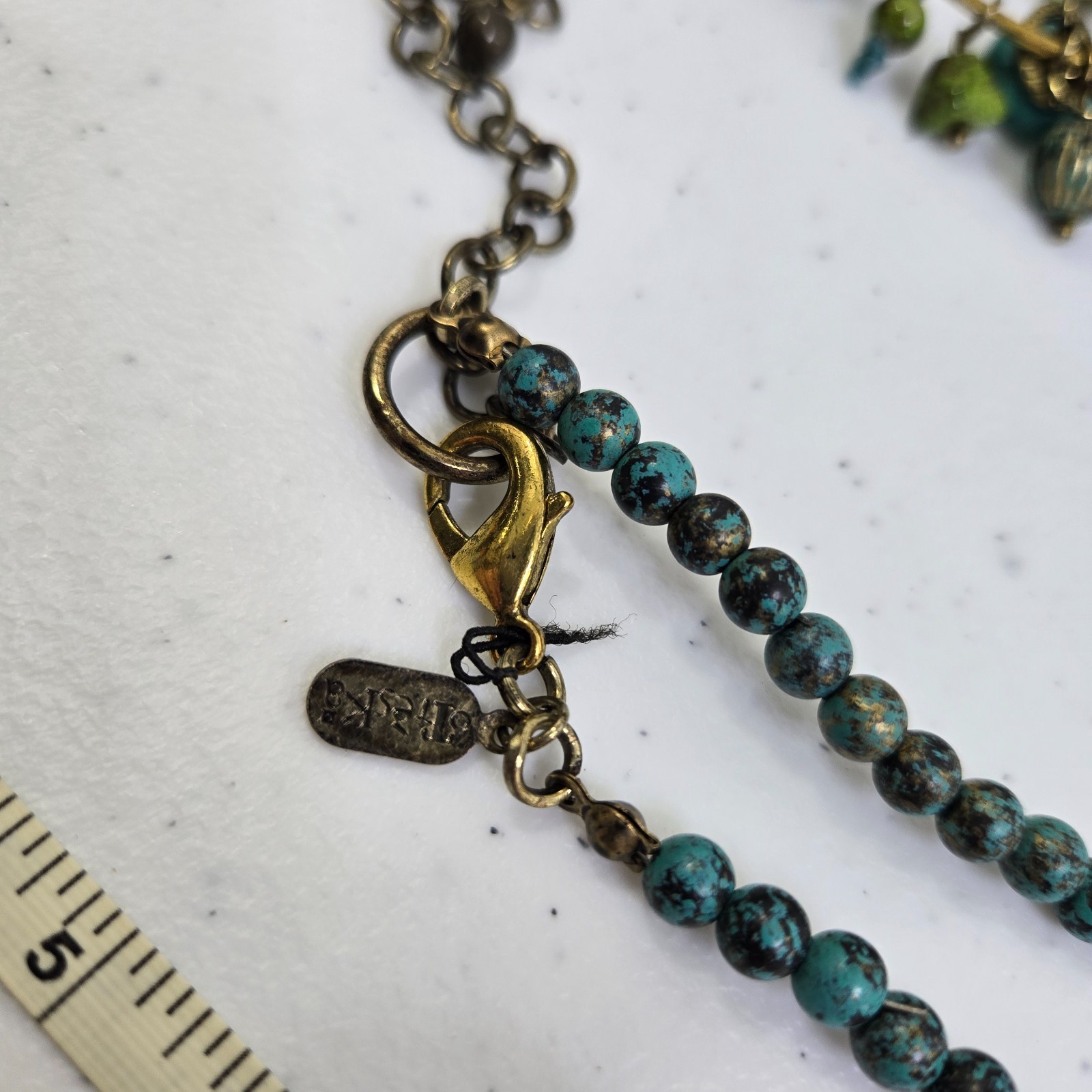 Treska Necklace Earrings Set Bracelet Blue Green Beaded Long Boho Gold Tone