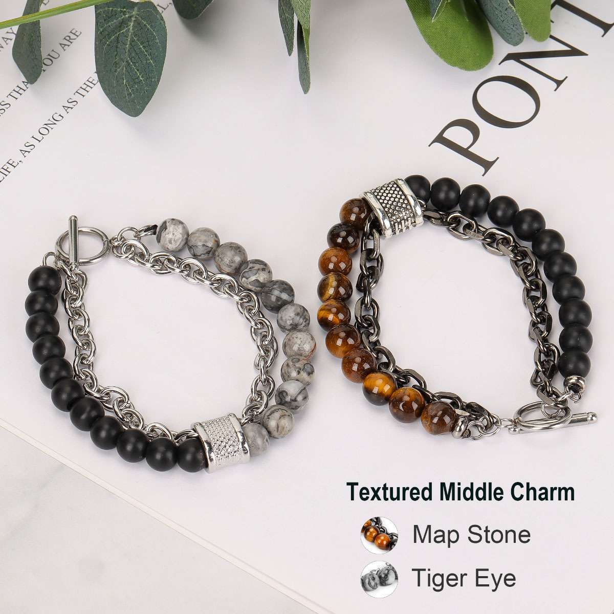 Stainless Steel Bracelets Natural Map Stone Men’s Women Beaded Tiger Eye Jewelry