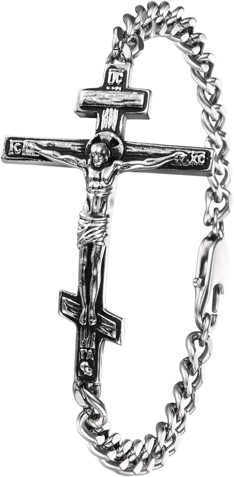 Orthodox Crucifix Cross Bracelet for Men: Stainless Steel Religious Jesus Cru…