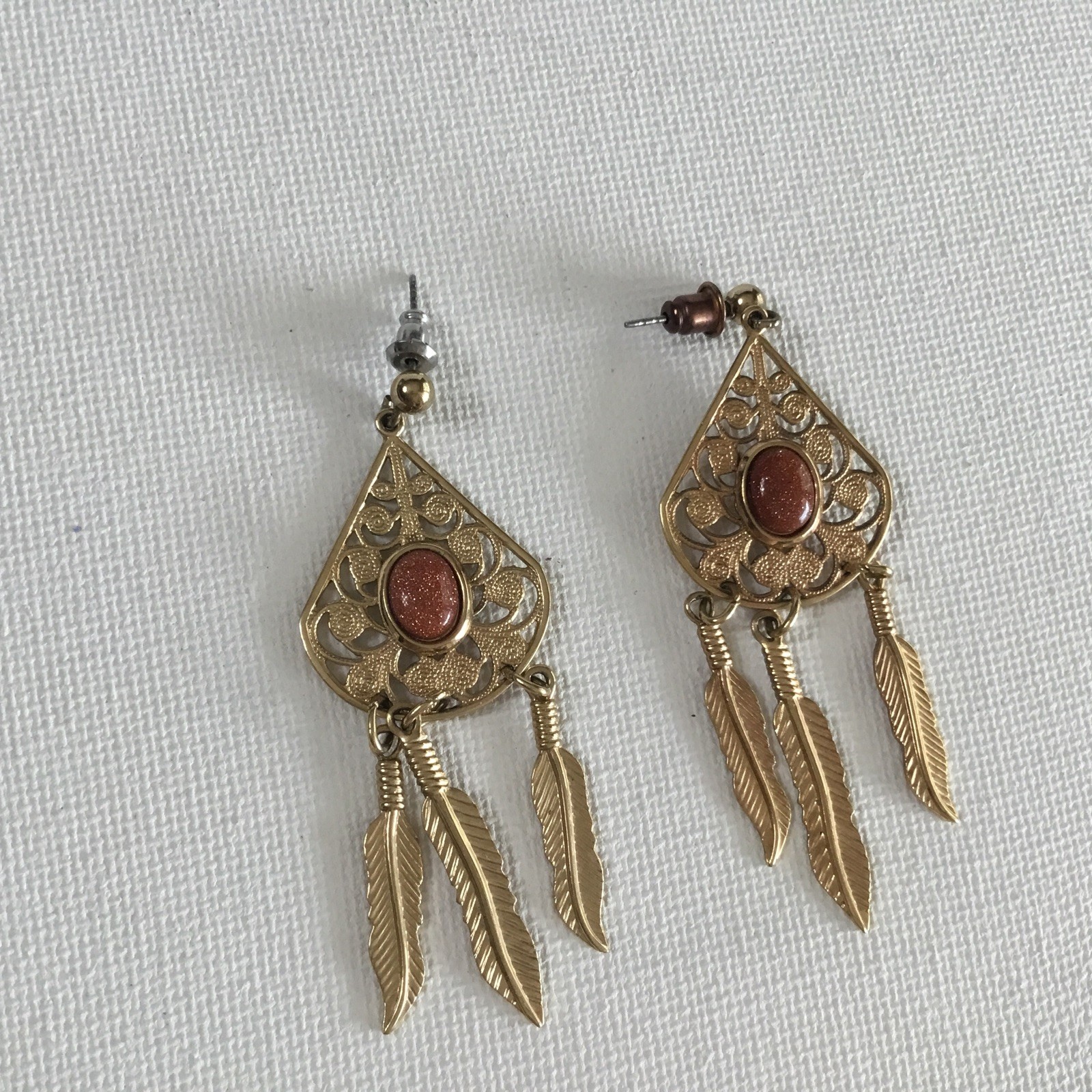 Southwest Goldstone Copper Dangle Earrings Gold Tone Feathers