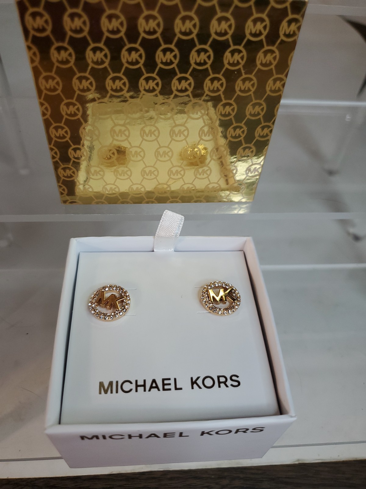 NWT Michael Kors Gold-Tone Logo Pave Stud Earrings MKJX7324921