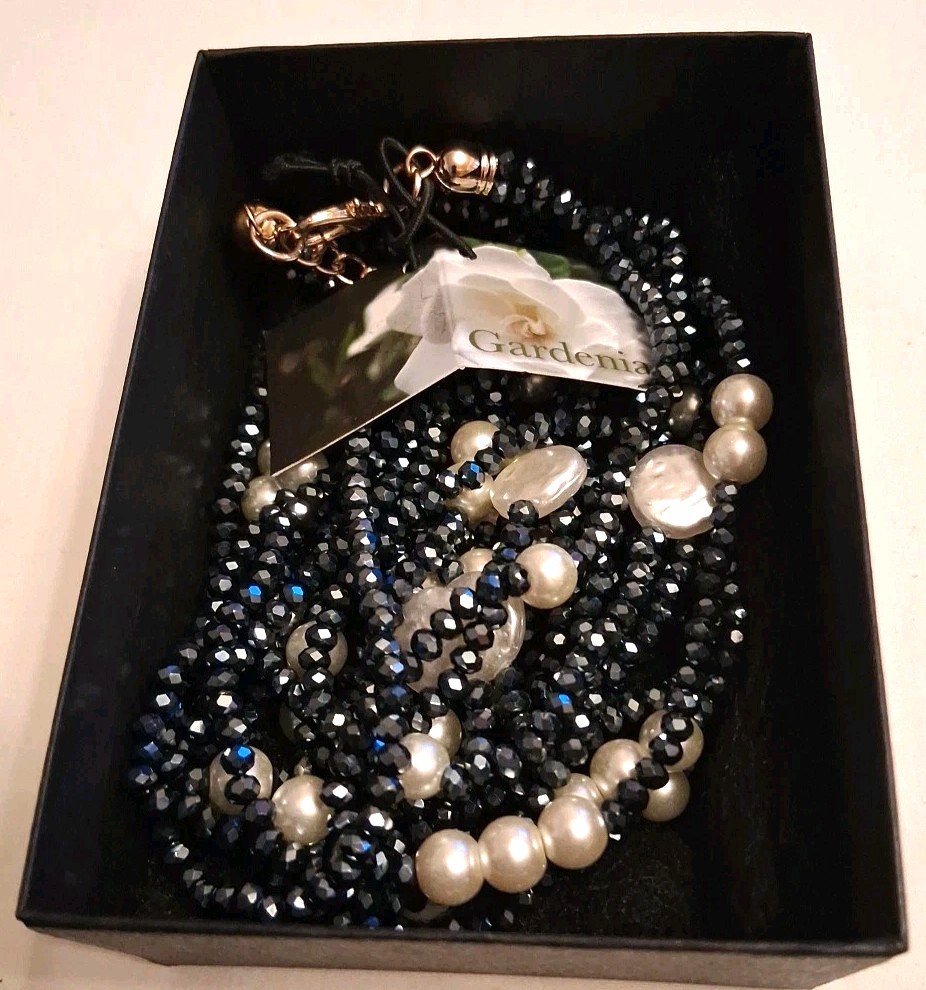 Gardenia Jewelry 3 Strand Glass Deep Sapphire Beads/Pearls 40″ Necklace Handmade