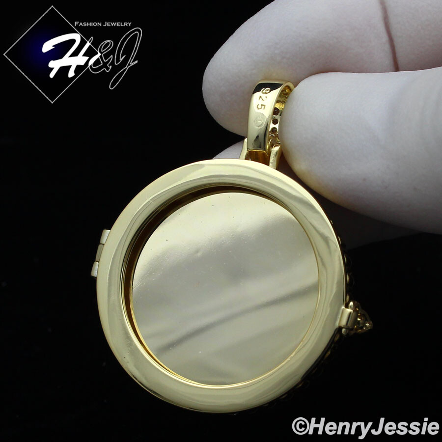925 STERLING SILVER CUBIC ZIRCONIA GOLD PALTED PHOTO LOCKET ROUND PENDANT*GP317
