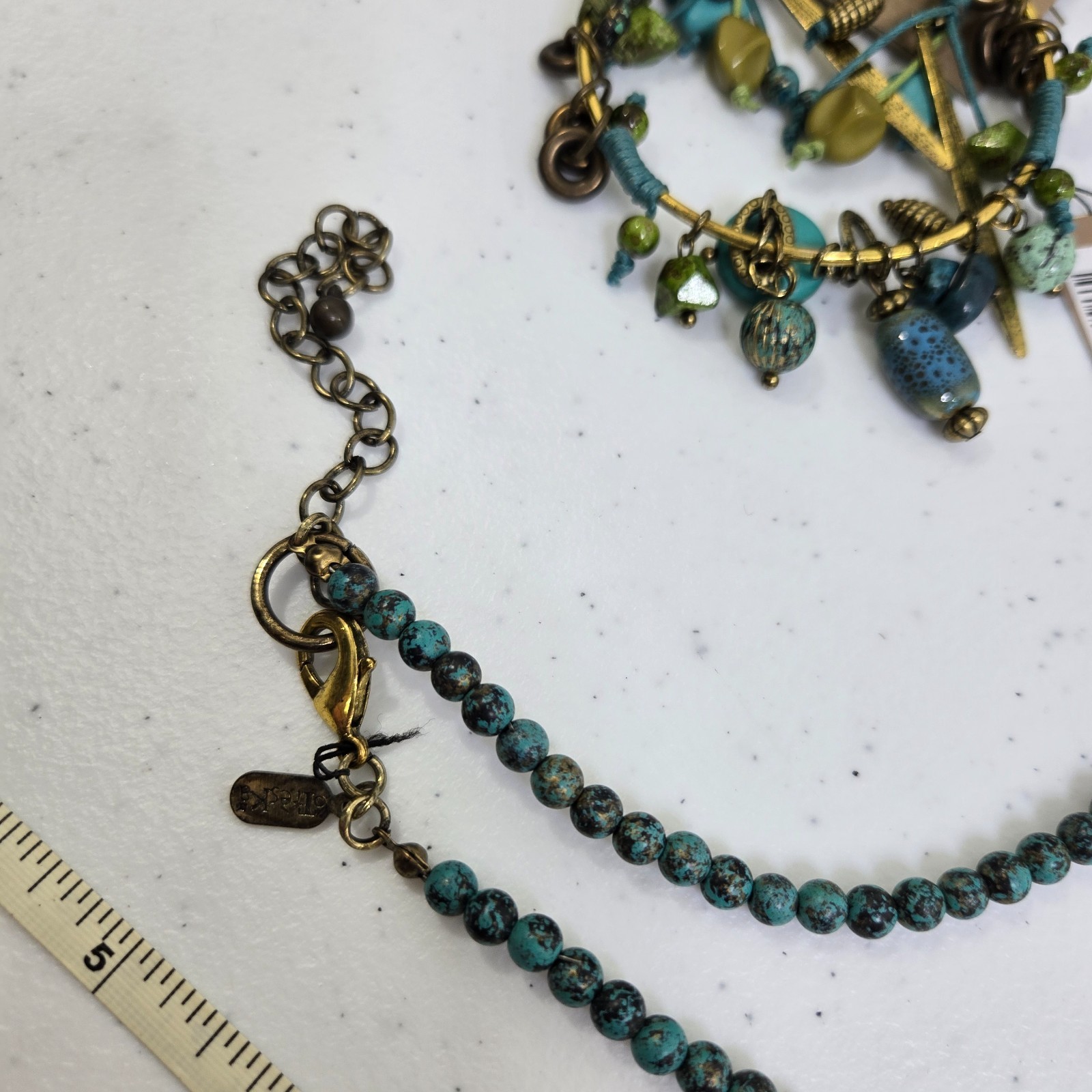 Treska Necklace Earrings Set Bracelet Blue Green Beaded Long Boho Gold Tone