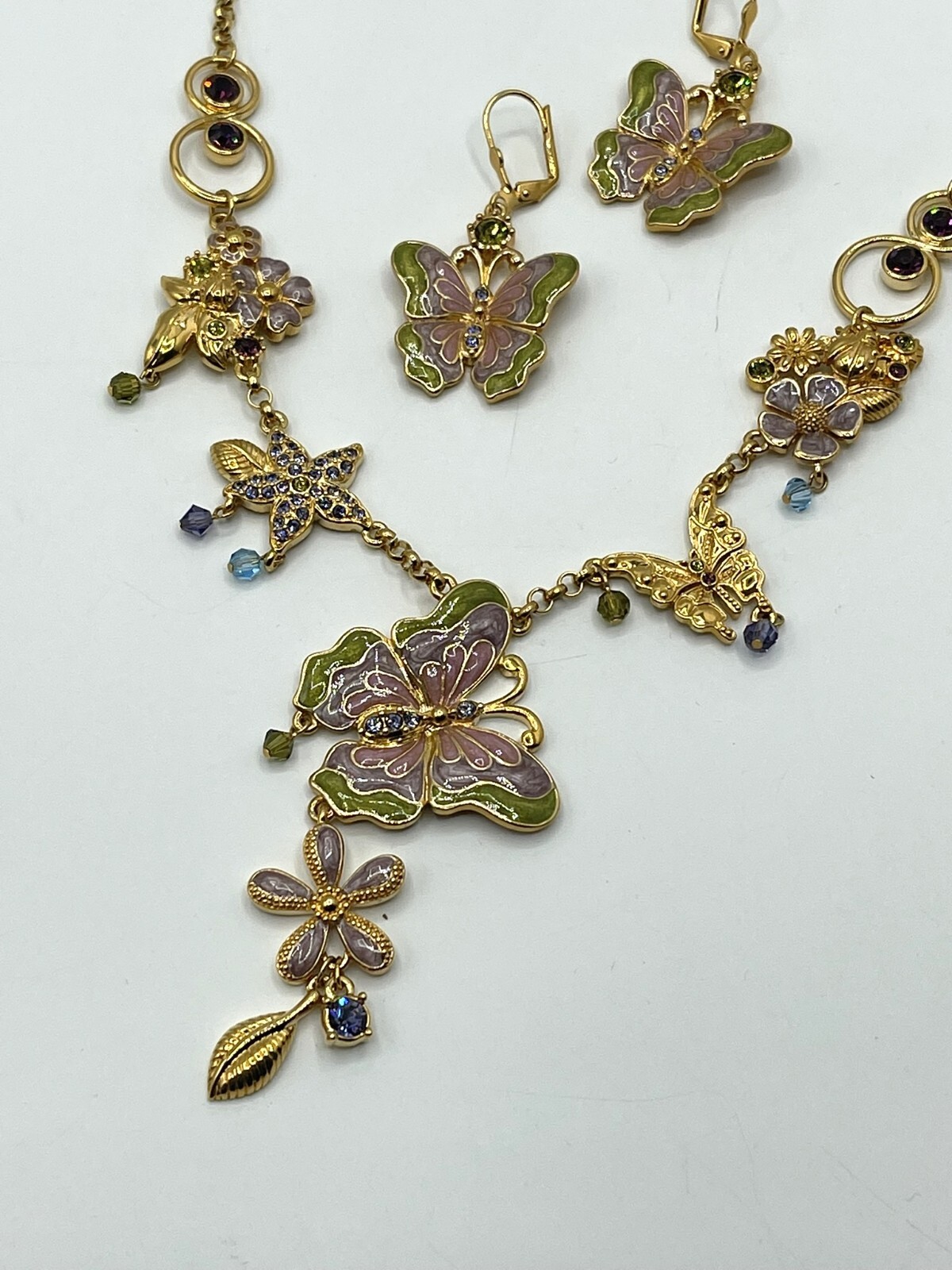 TLC 18k Gold Plated Enamel Butterfly & Flower Necklace & Leverback Earrings 90s