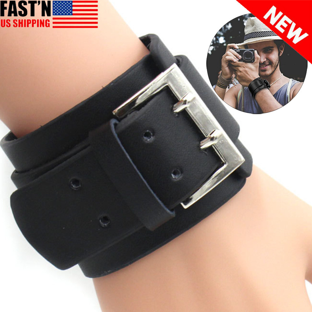 Men’s Punk Rock Wide Leather Cuff Bangle Bracelet Adjustable Wristband Black