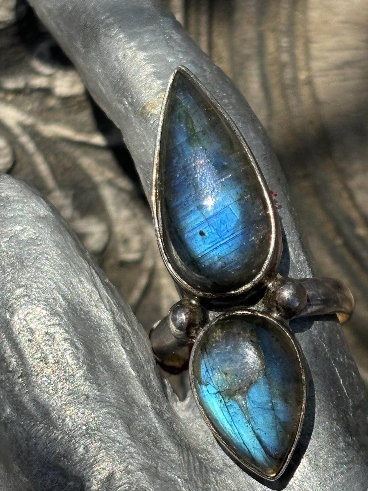 Double pear shaped labradorite gemstone silver ring size 9.25