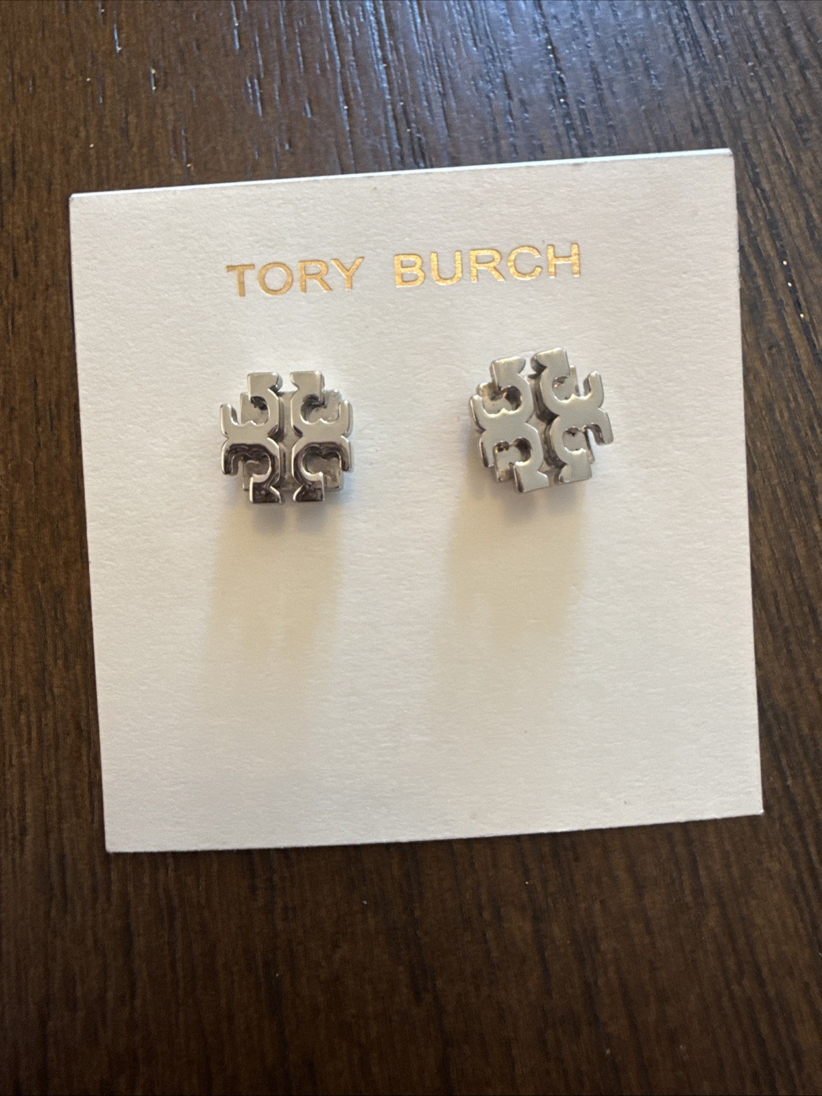 Tory Burch Silver Tone T Logo Stud Earrings Metal Butterfly Closure 53355 New