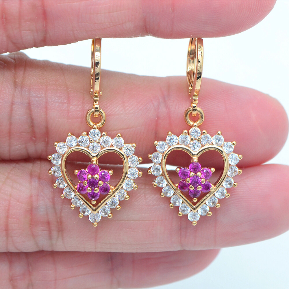 18K Yellow Gold Filled Women Romantic Rose Red Topaz Flower Heart Drop Earrings