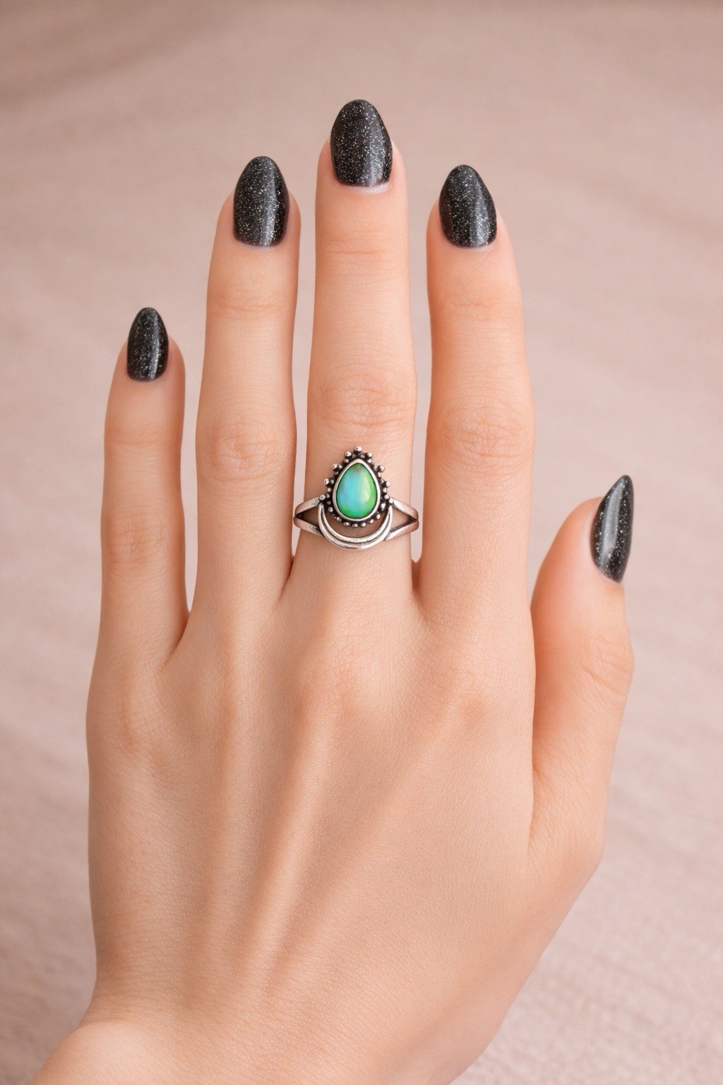 Sterling Silver Moon Teardrop Stone Mood Ring + Color Chart + Gift Box Size 7.5