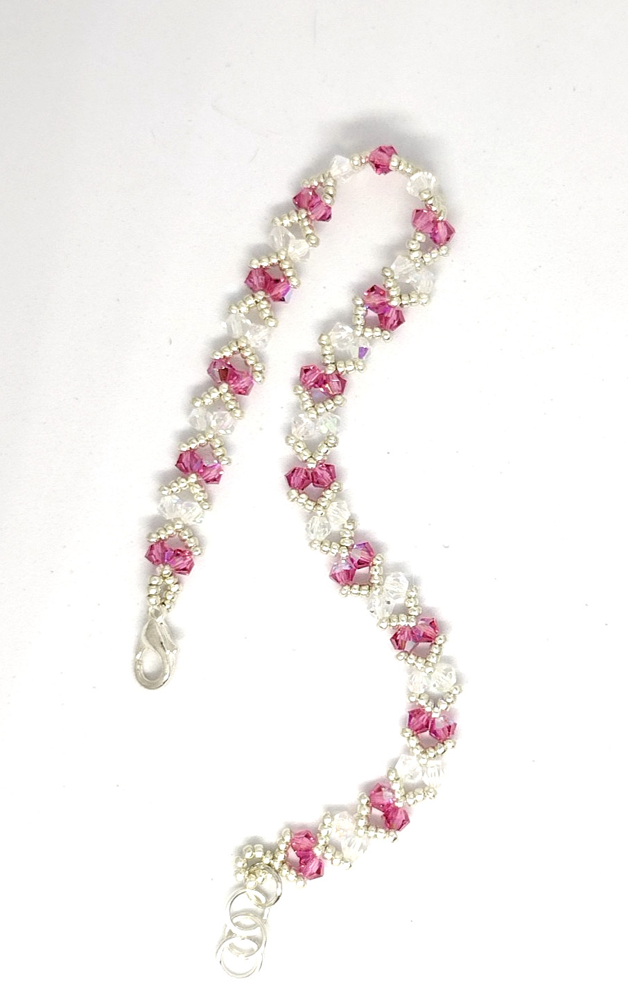 6-inch Bracelet 3mm Crystal Pink/White Sparkly Bicone Beads/Silver Miyuki Beads.