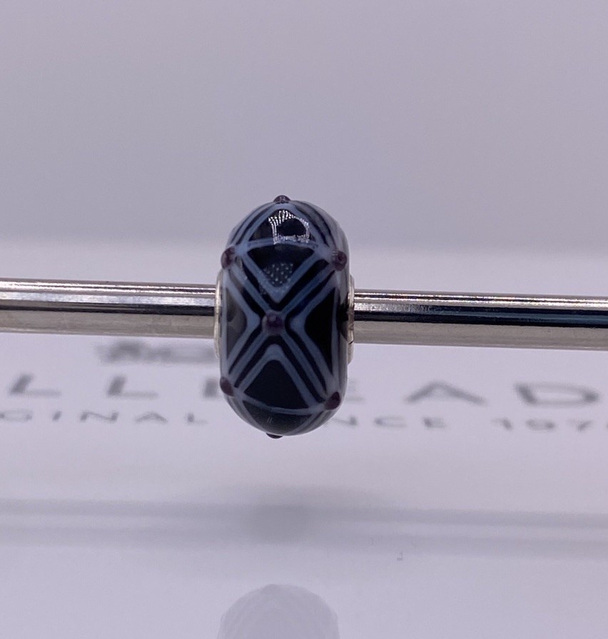 Trollbeads Rare Black Bead White Stripes Purple Dots