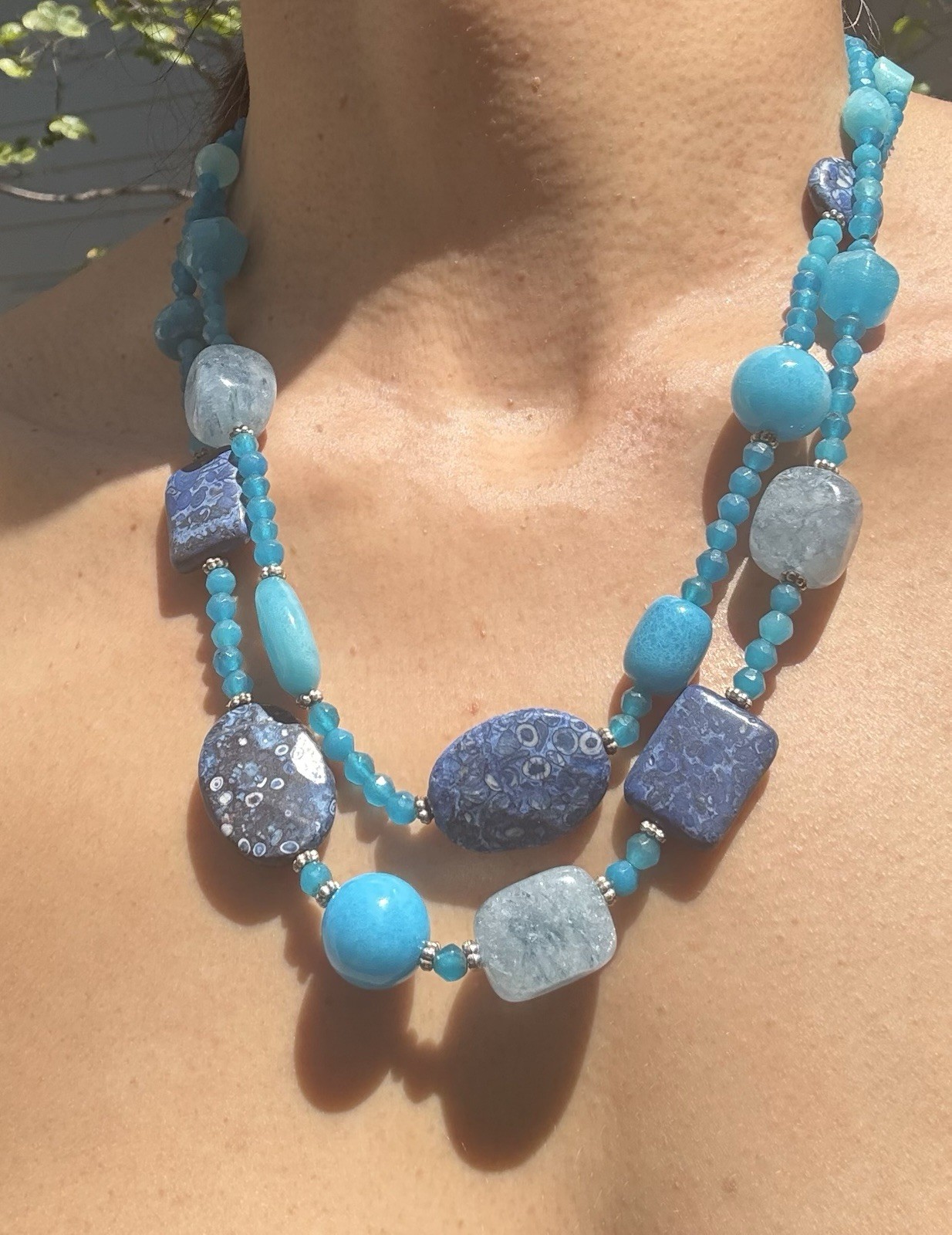 Blue Multi-Strand Round Beaded Layered Statement Necklace, Lobster Clasp