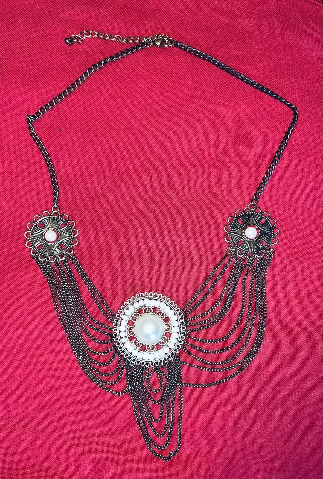Silver Statement Bib Necklace With Round Pendant And Multi-Chain Metalwork