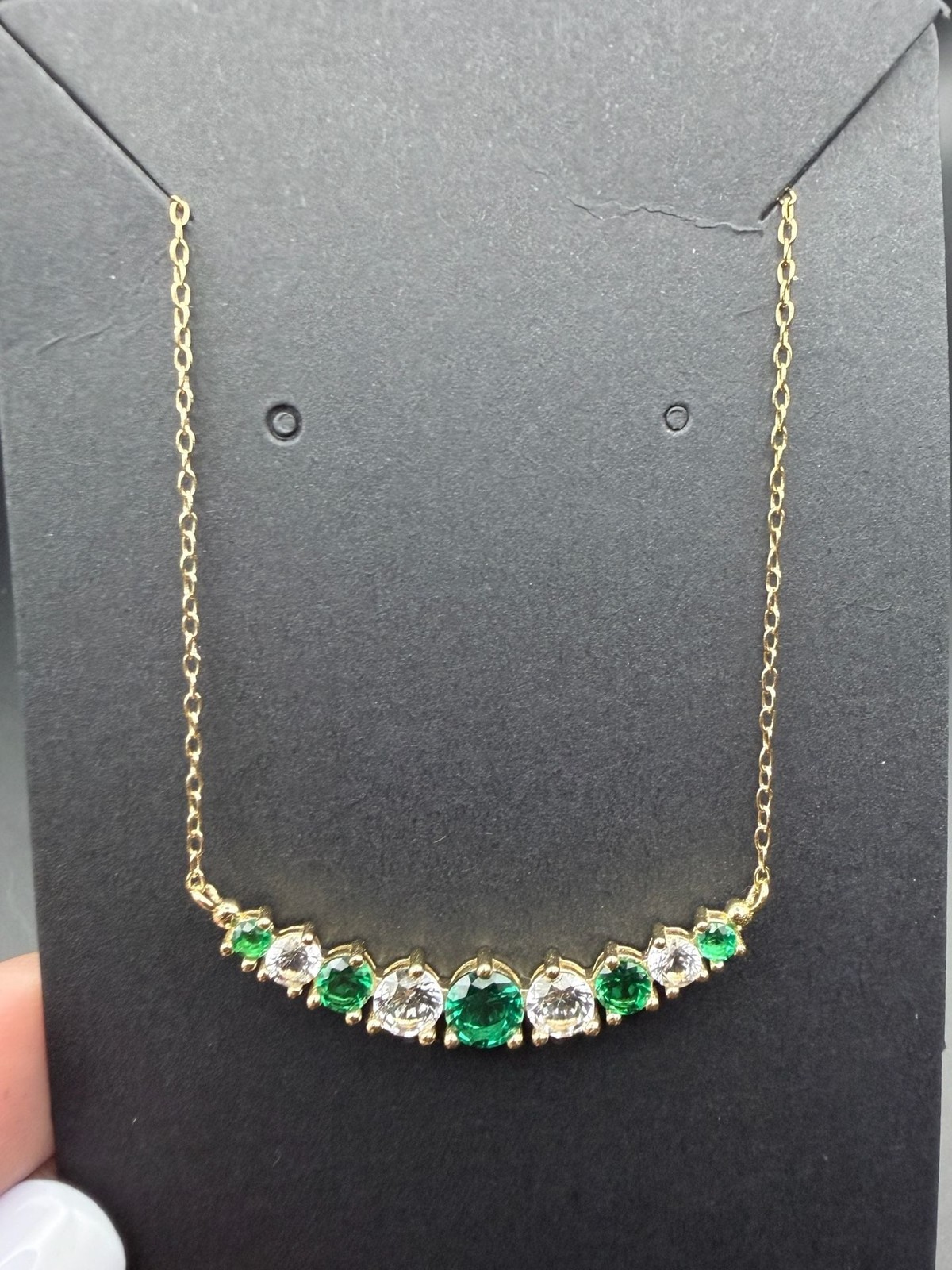 Lab Green & White Sapphire Smile Bar Necklace Gold Tone Chain Elegant Gift