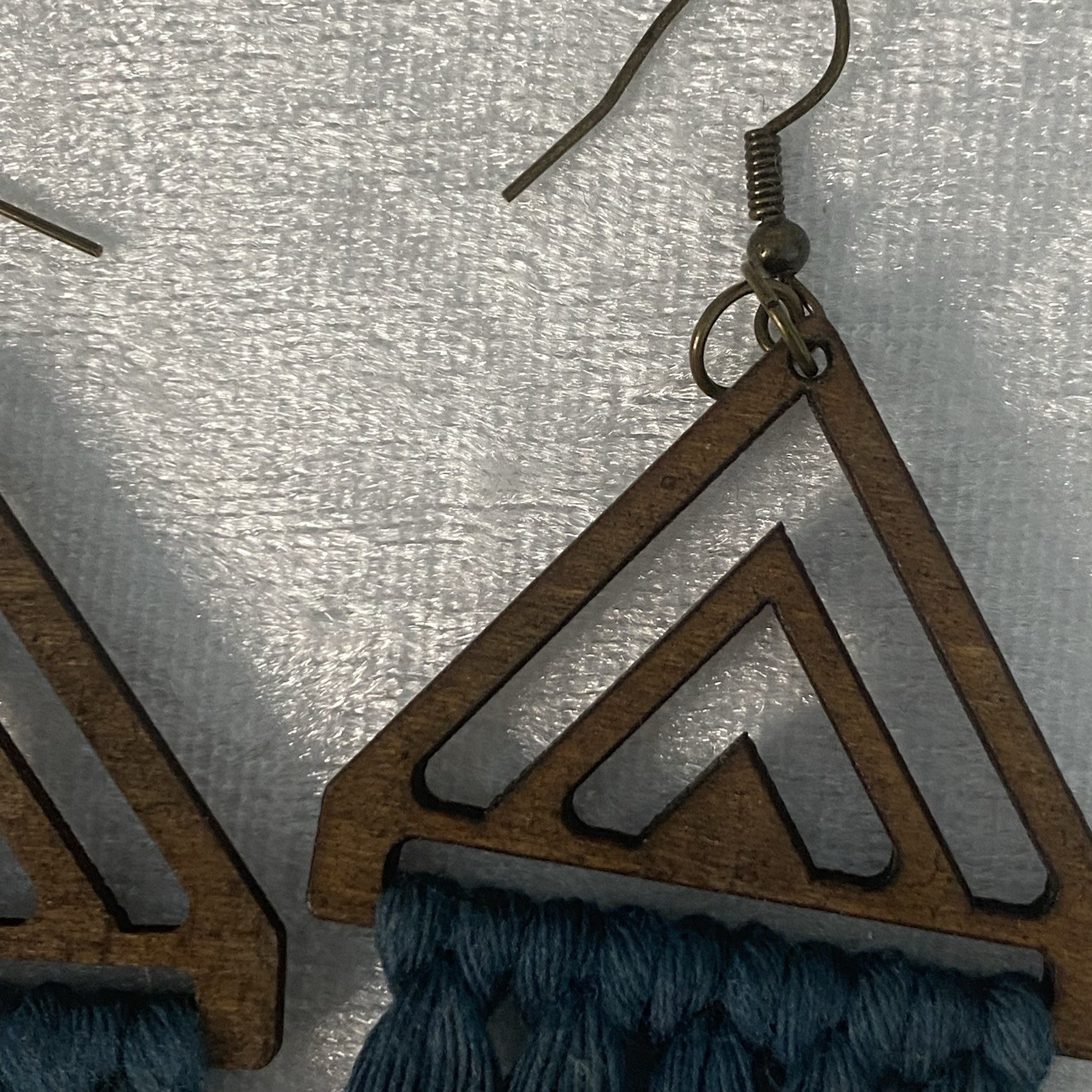 Tassel Earrings Macrame Triangle Wood Pink Gold Tone Floral Cross Stitch Patriot