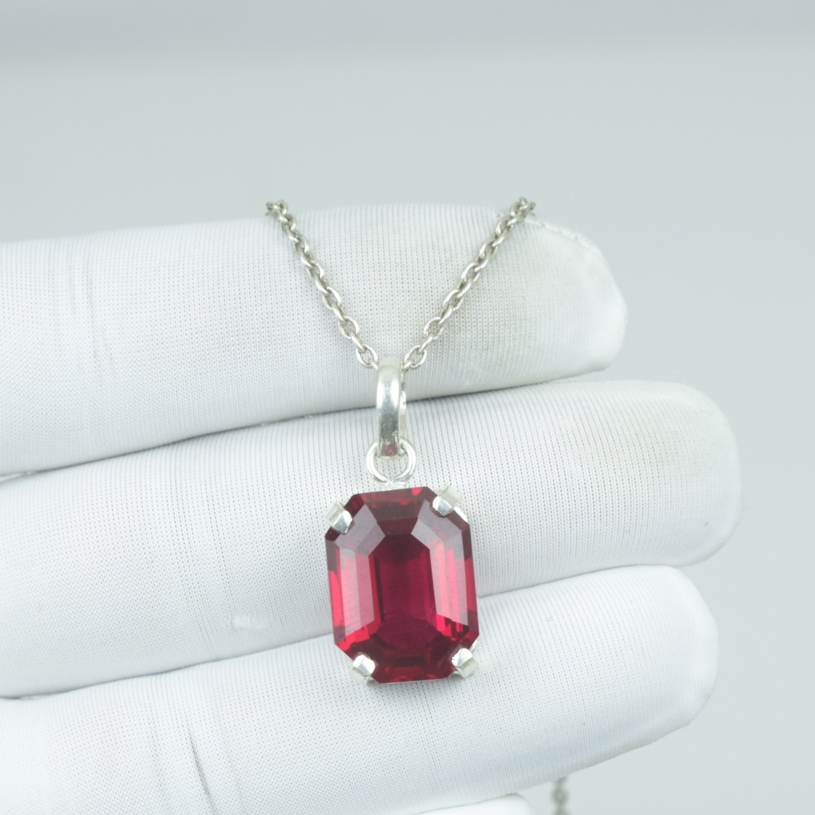 Garnet Red Octagon 925 Solid Sterling Silver Necklace, Birthstone Gift Pendant,