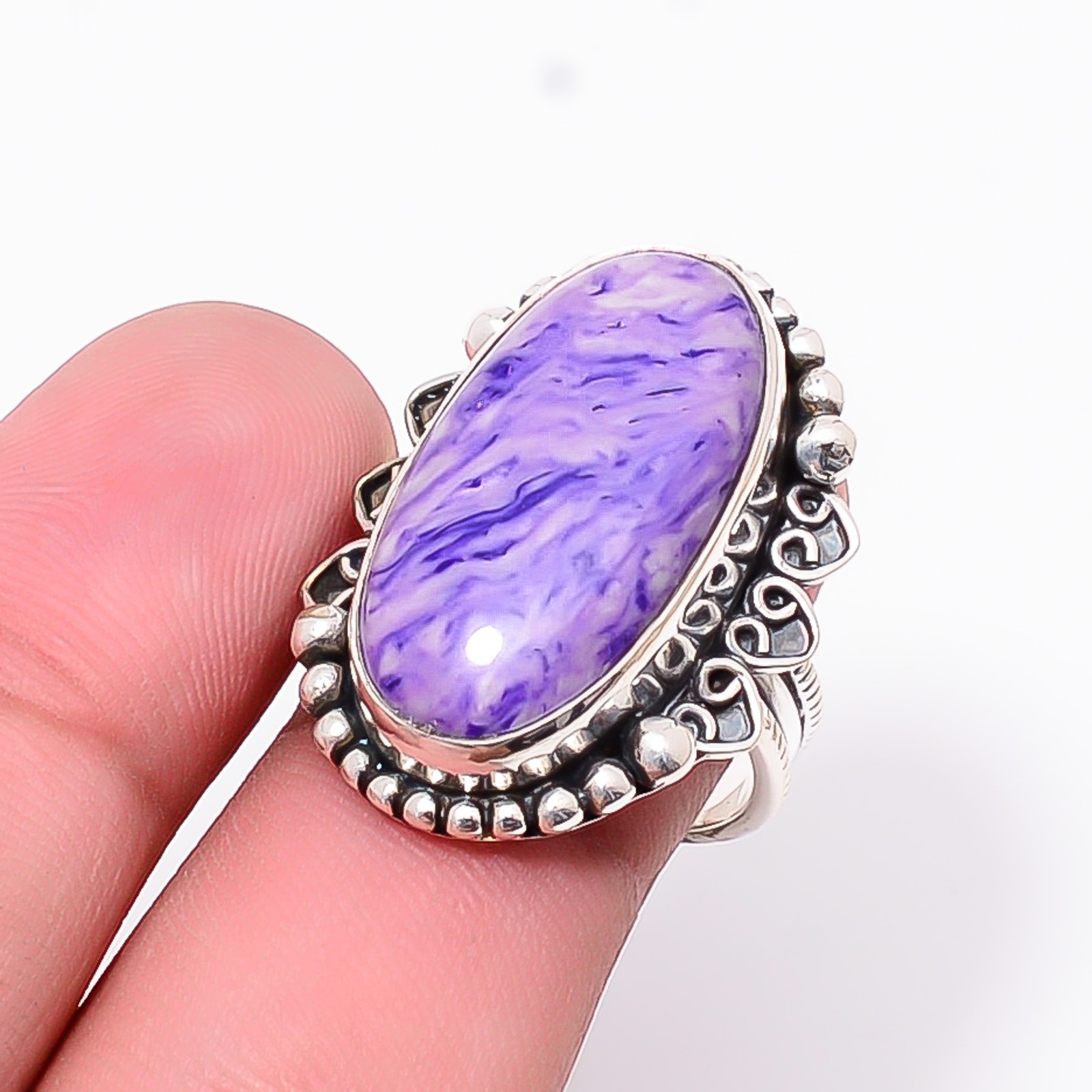 Purple Charoite Sterling Silver Bold Oval Statement Ring S.7.5 R124730