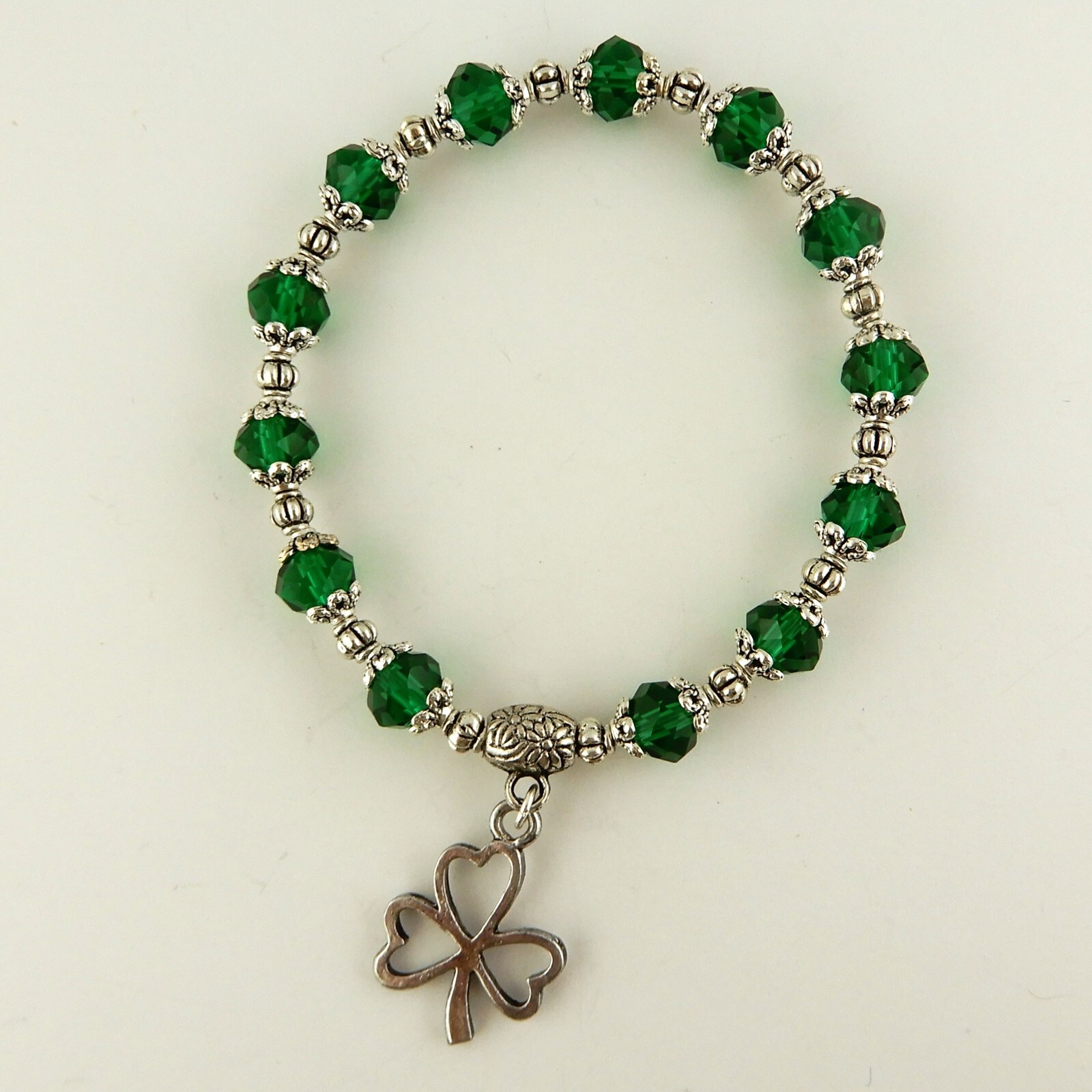 Irish Shamrock stretch bracelet with Green Crystal beads for St. Patrick’s Day