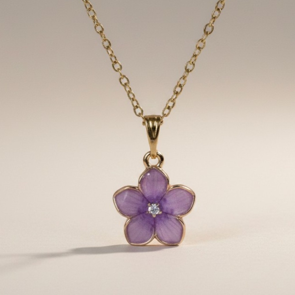 Purple Camellia Flower Enamel Pendant Gold Necklace Bohemian Floral Jewelry
