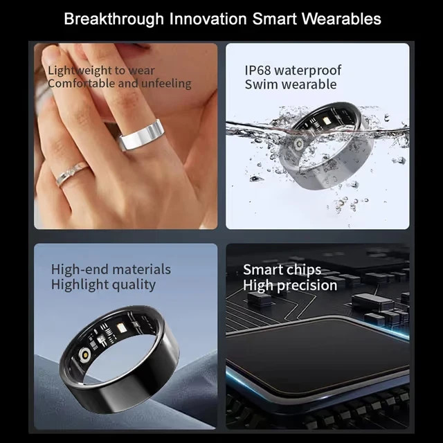 Smart Fitness Tracker Ring HR BP SpO2 Sleep Activity Monitor IP68 Gold Size 7