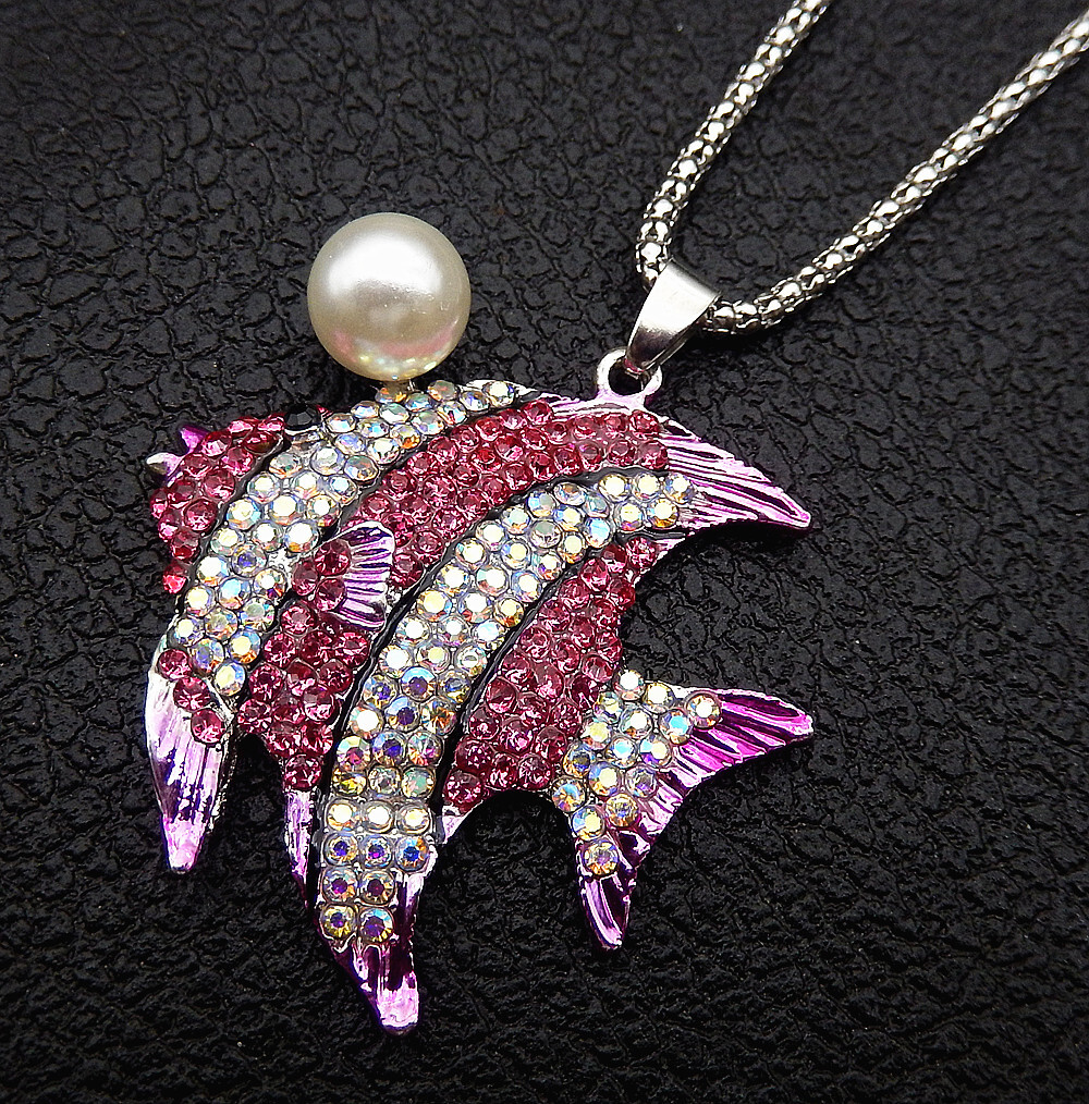 AB Pink Crystal Rhinestone Enamel Tropical Fish Pendant Long Necklace