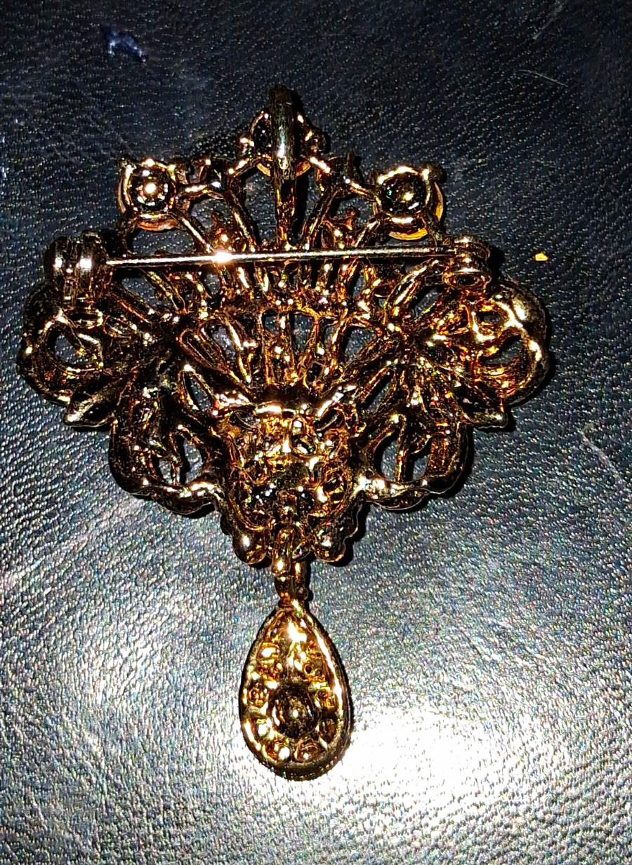 Gold Tone Metal Floral Dangle Brooch Pin, Purple & Orange Crystal Rhinestone