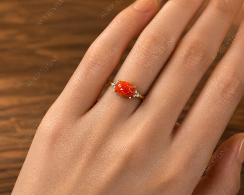 Lab Created Red Coral Ring, Base Metal: Brass Finish: Gold Plated, Gift