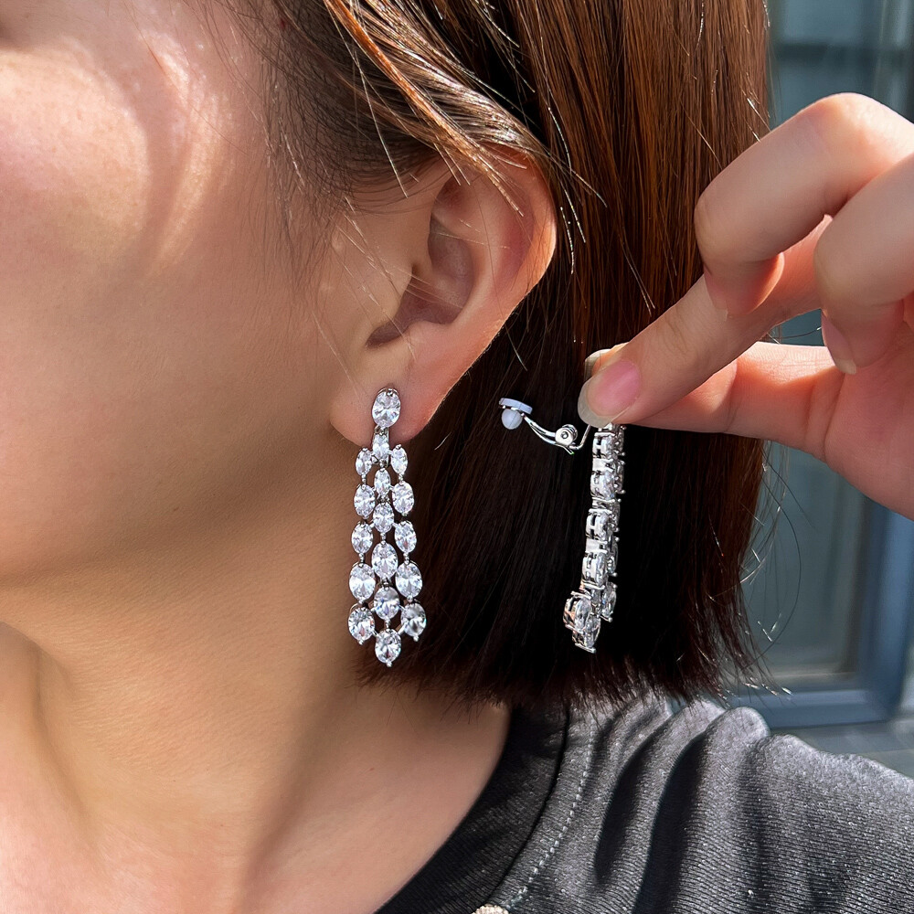 Clip On Long Chandelier Drop Earrings Silver Plated Cubic Zircon Wedding Jewelry