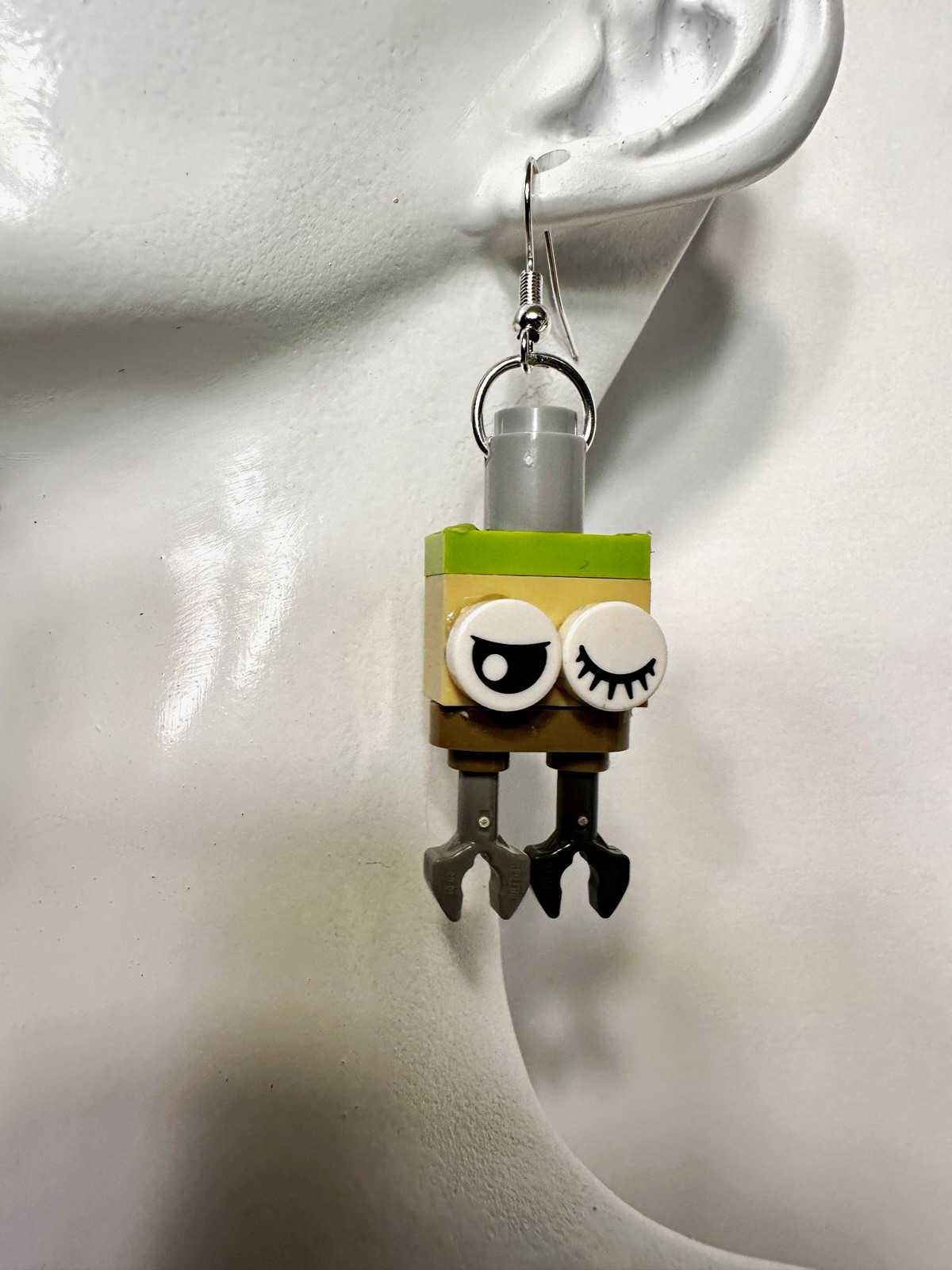 LEGO Robot Monster Dangle Drop Earrings Green Gray Plastic Metal Winking