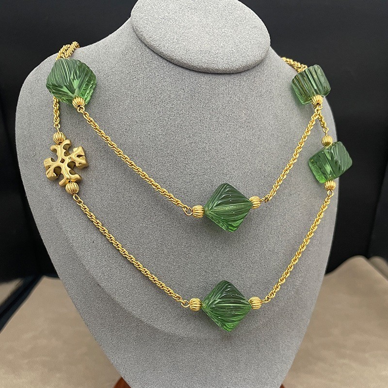 Tory Roxanne Long Necklace in Goldtone & Resin Azure Green with Pouch 105cm