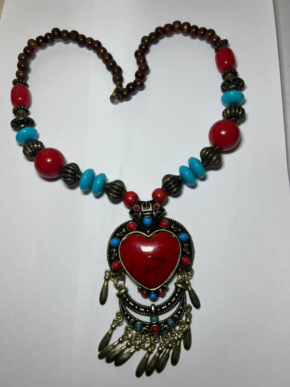 Vintage Tibetan Style Boho Statement Necklace Red Heart Pendant Ethnic Jewelry