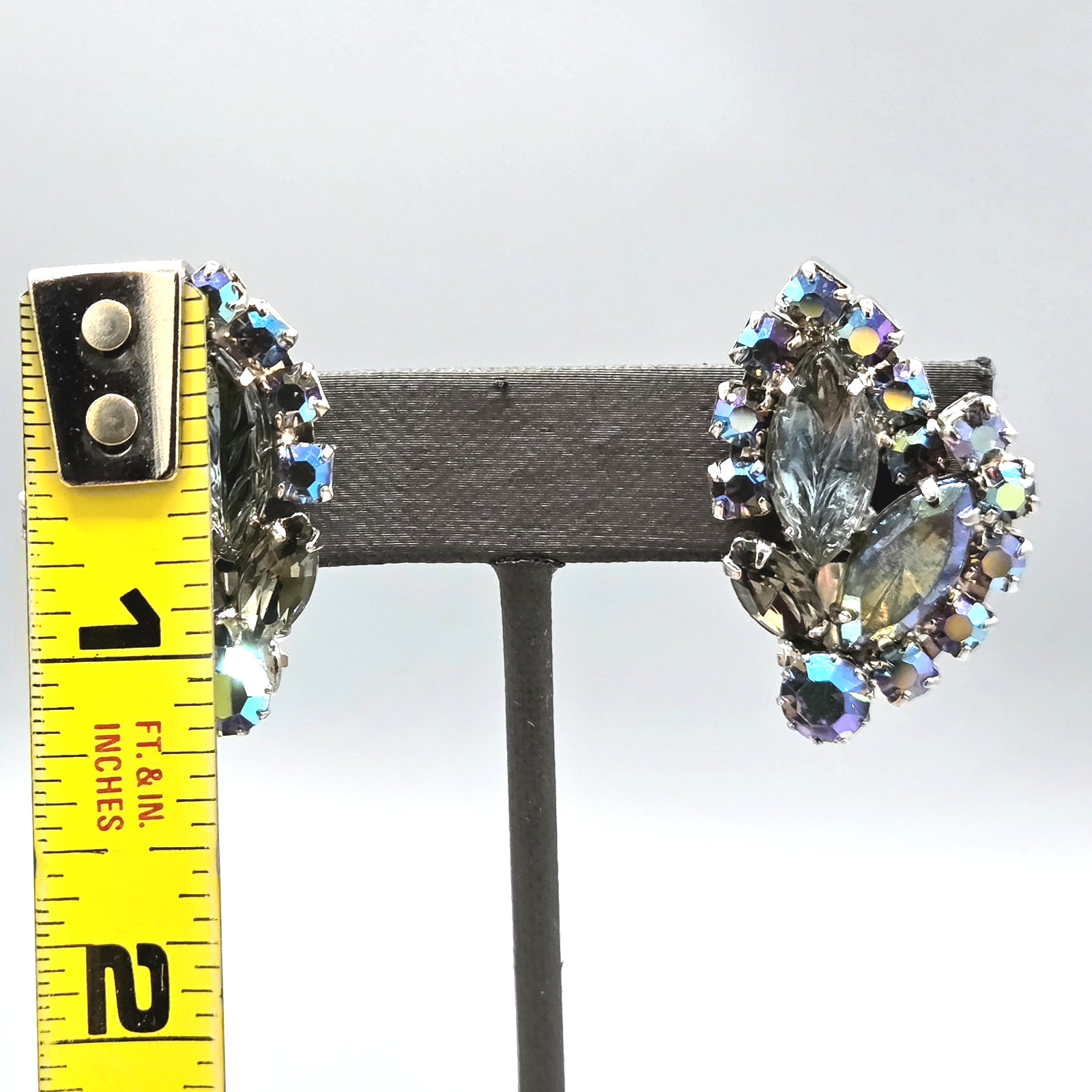 Unsigned Designer Smoke Gray AB Crystal Molded Leaf Clip Earrings
