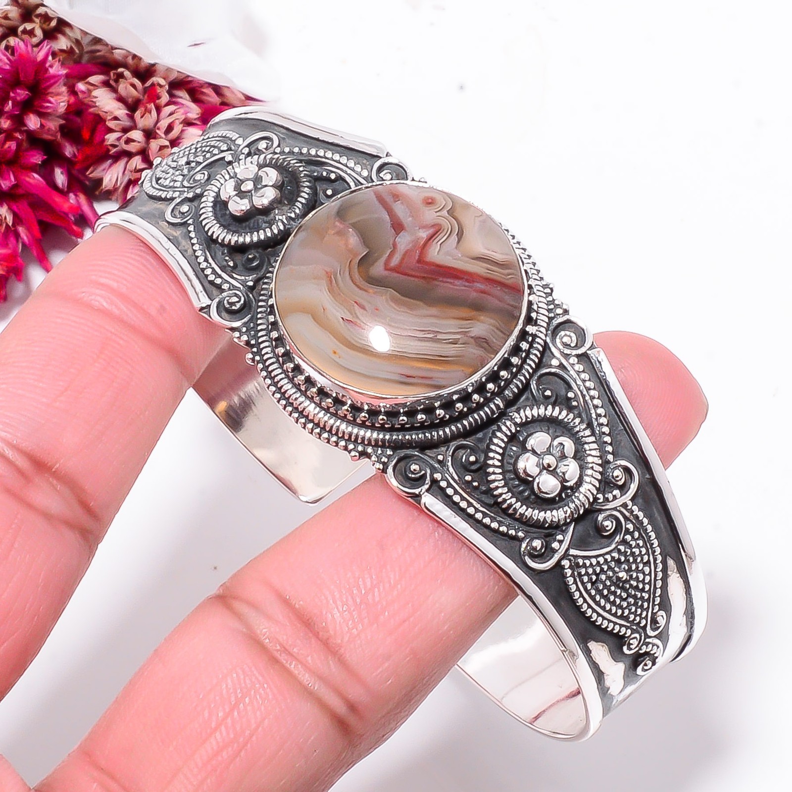 Laguna Lace Agate – Mexico 925 Sterling Silver Bali Cuff|C968458430