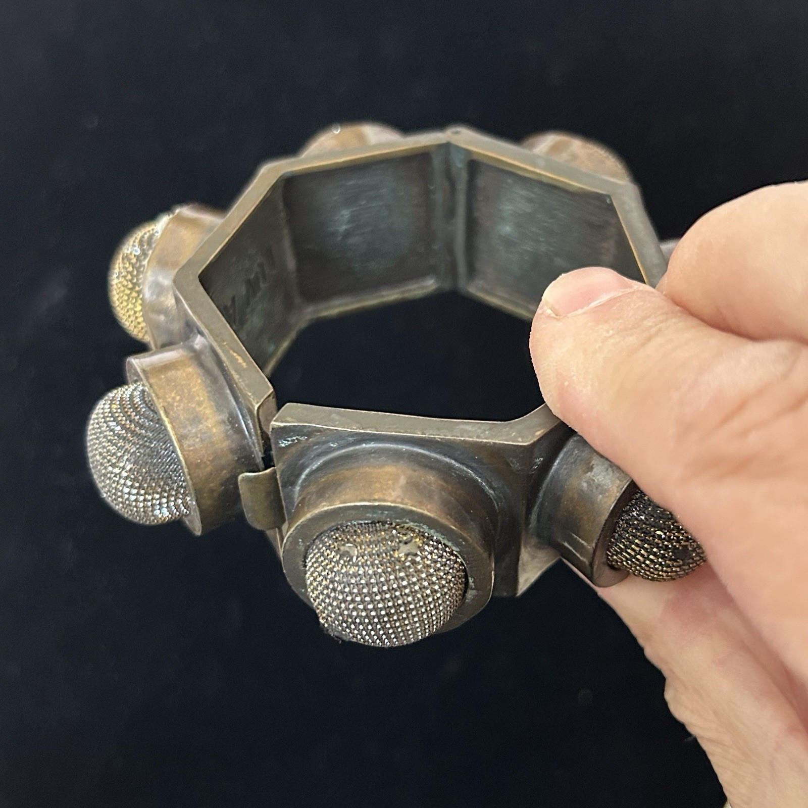 Vintage Industrial Punk Bracelet Gunmetal Mesh Stud Hinged Bangle Grunge Mic